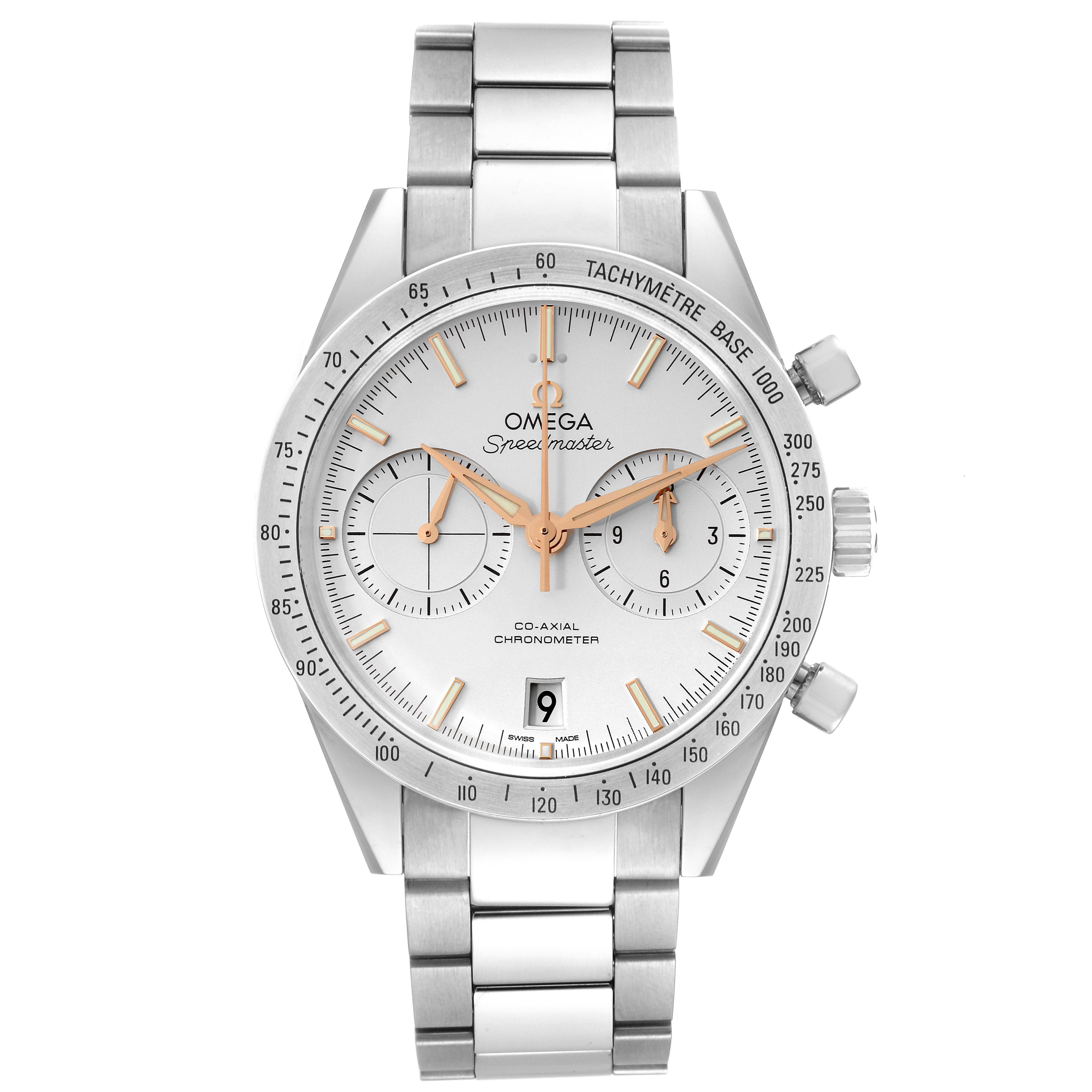 This image shows a frontal view of the Omega Speedmaster 331.10.42.51.02.002 Men's Stainless Steel Silver Dial 331.10.42.51.02.002 Men's Stainless Steel Silver Dial watch, featuring its stainless steel bracelet and detailed dial with subdials.