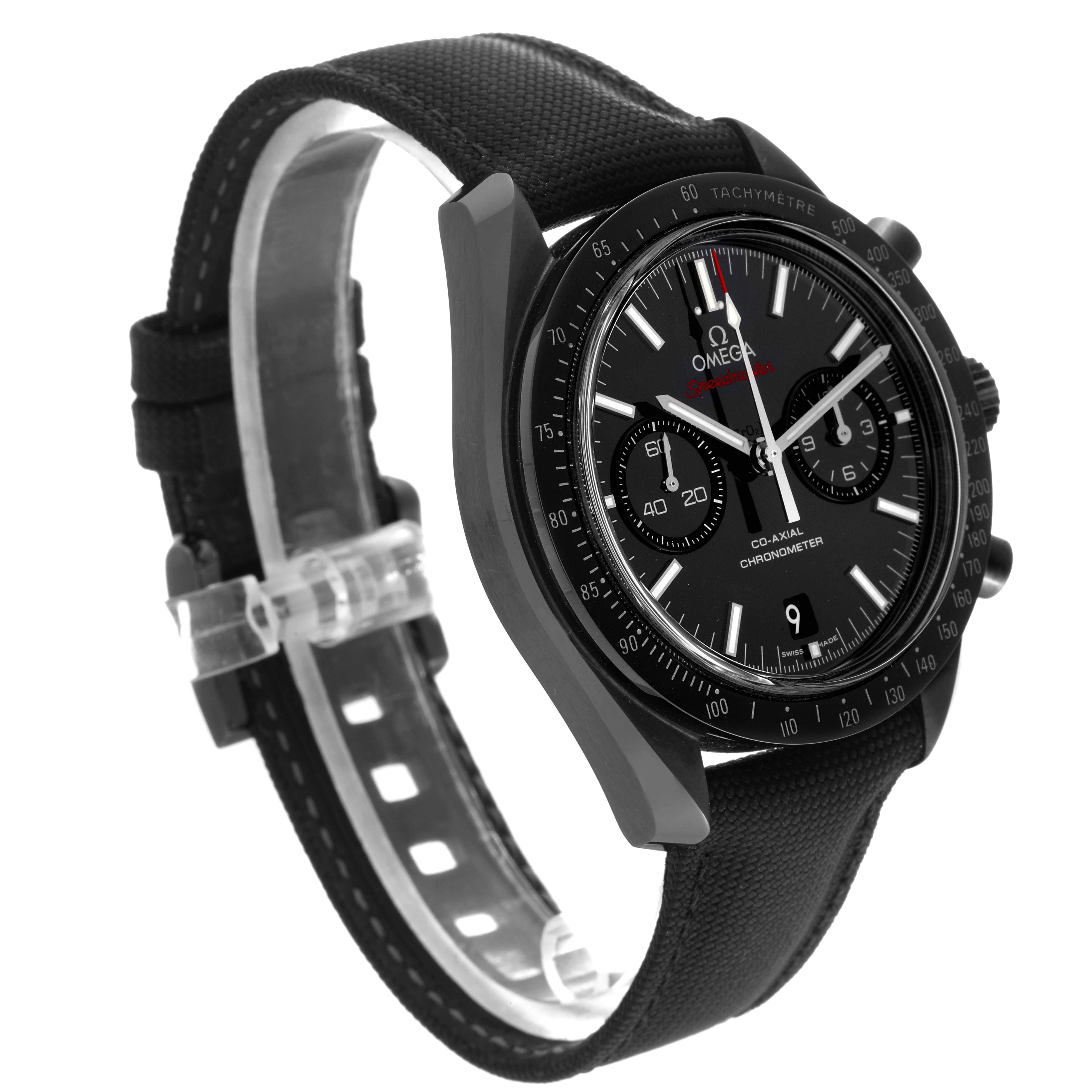 The image shows an angled side view of the Omega Speedmaster 311.92.44.51.01.003 Men's Ceramic Black Dial 311.92.44.51.01.003 Men's Ceramic Black Dial watch, displaying the face, bezel, and strap.