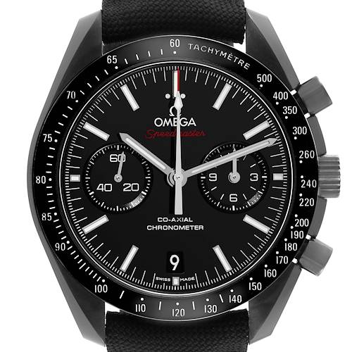 The Omega Speedmaster watch is shown from a front angle, featuring its dials, tachymeter, and crown.