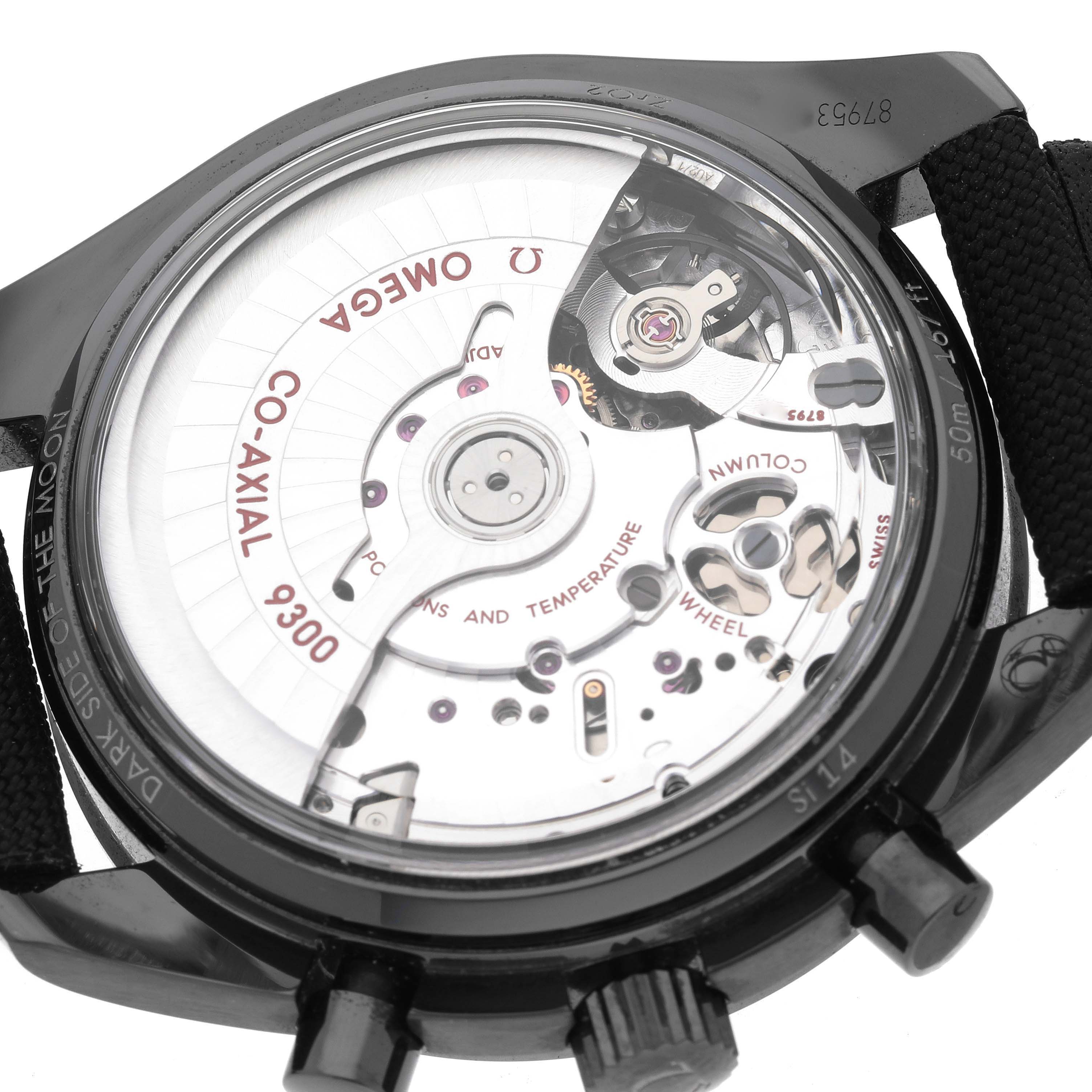 The image shows the back view of the Omega Speedmaster 311.92.44.51.01.003 Men's Ceramic Black Dial 311.92.44.51.01.003 Men's Ceramic Black Dial watch, highlighting its Co-Axial 9300 movement.