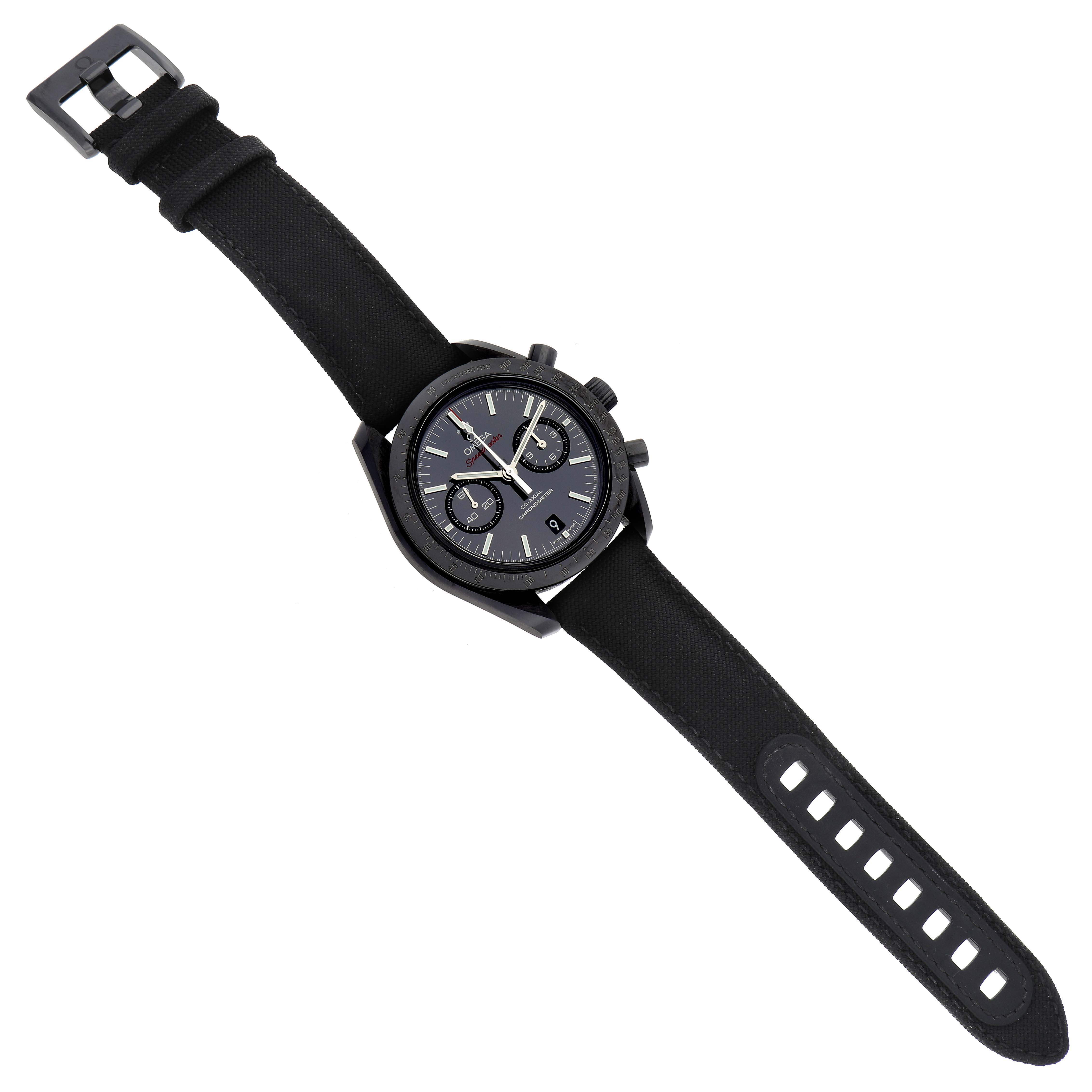 This image shows a top-down view of the Omega Speedmaster 311.92.44.51.01.003 Men's Ceramic Black Dial 311.92.44.51.01.003 Men's Ceramic Black Dial watch, displaying the entire face, case, and strap.