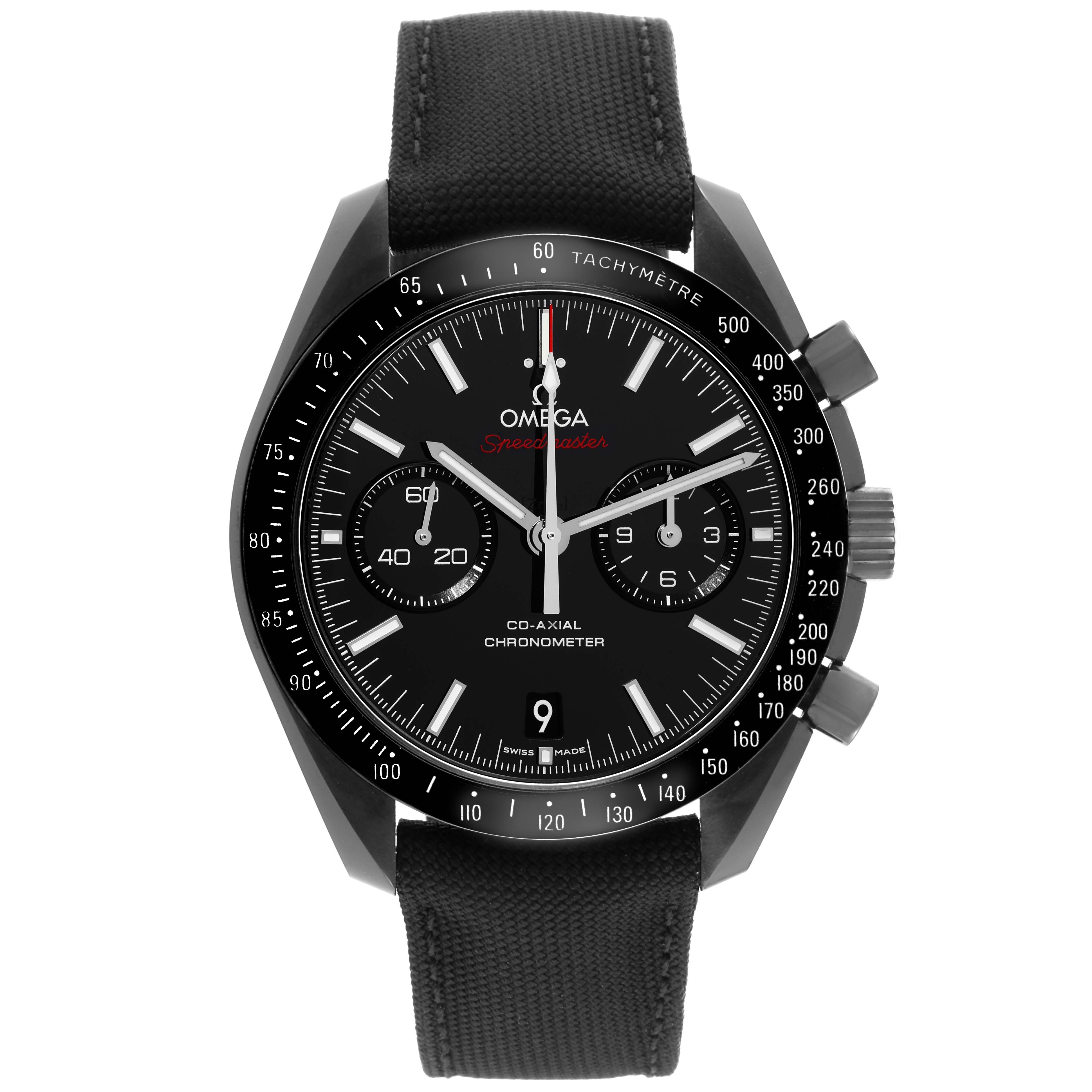 This Omega Speedmaster 311.92.44.51.01.003 Men's Ceramic Black Dial 311.92.44.51.01.003 Men's Ceramic Black Dial watch is shown from the front, displaying the face, bezel, chronograph dials, and strap.