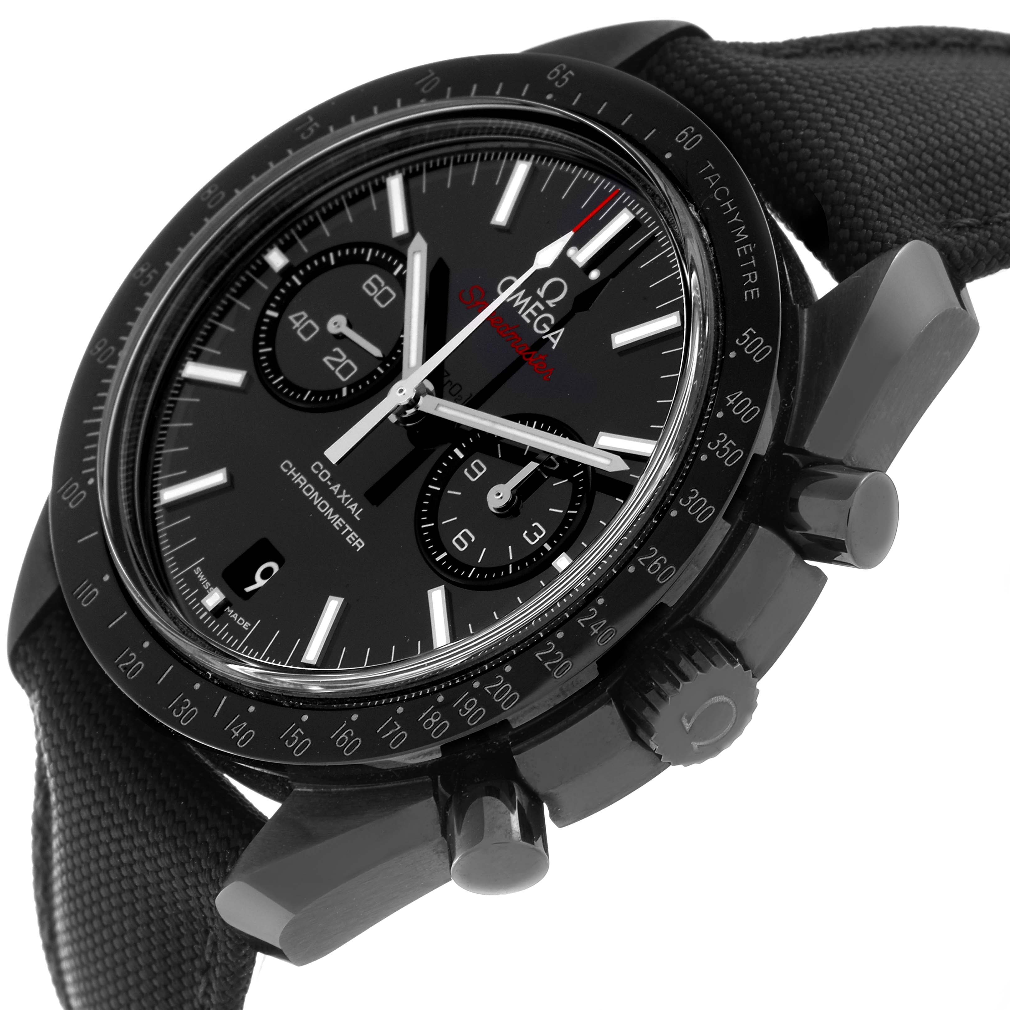 The image shows a close-up angle of an Omega Speedmaster 311.92.44.51.01.003 Men's Ceramic Black Dial 311.92.44.51.01.003 Men's Ceramic Black Dial watch, highlighting its black dial, chronographs, and tachymeter bezel.