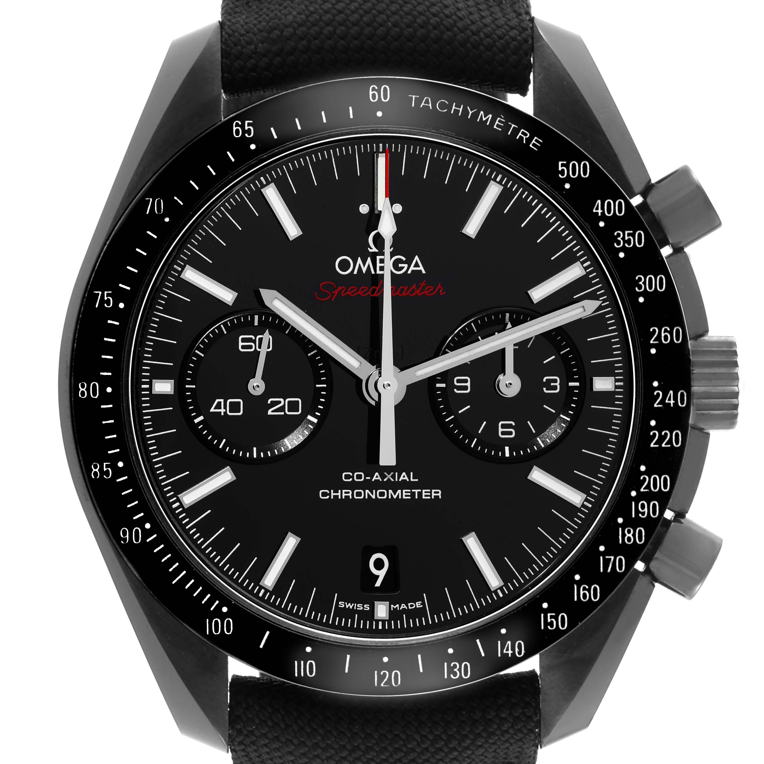 The Omega Speedmaster 311.92.44.51.01.003 Men's Ceramic Black Dial 311.92.44.51.01.003 Men's Ceramic Black Dial watch is shown from the front, highlighting the dial, sub-dials, and tachymeter bezel.