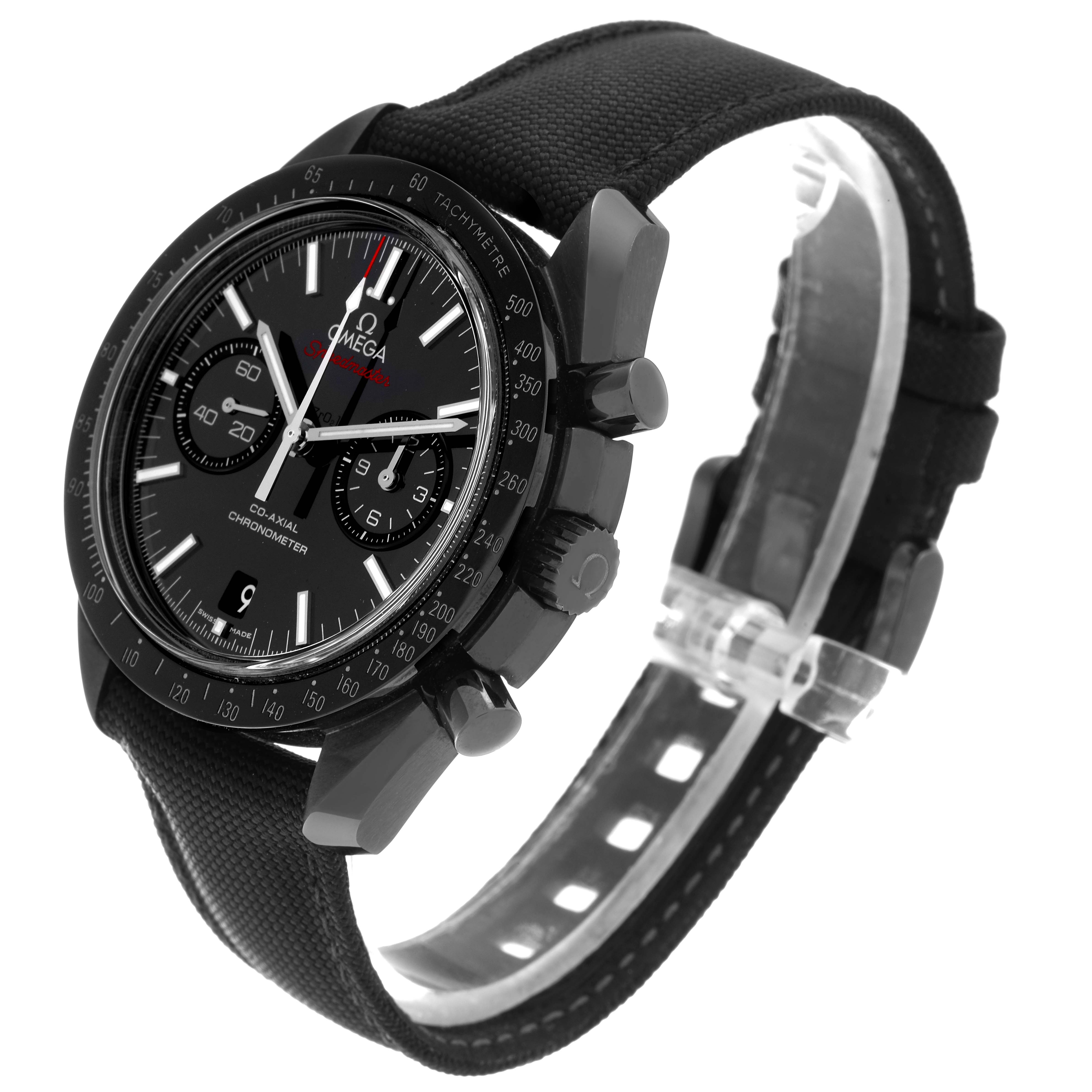 The image shows a side angle of the Omega Speedmaster 311.92.44.51.01.003 Men's Ceramic Black Dial 311.92.44.51.01.003 Men's Ceramic Black Dial watch, highlighting its black dial, chronograph buttons, and tachymeter bezel.