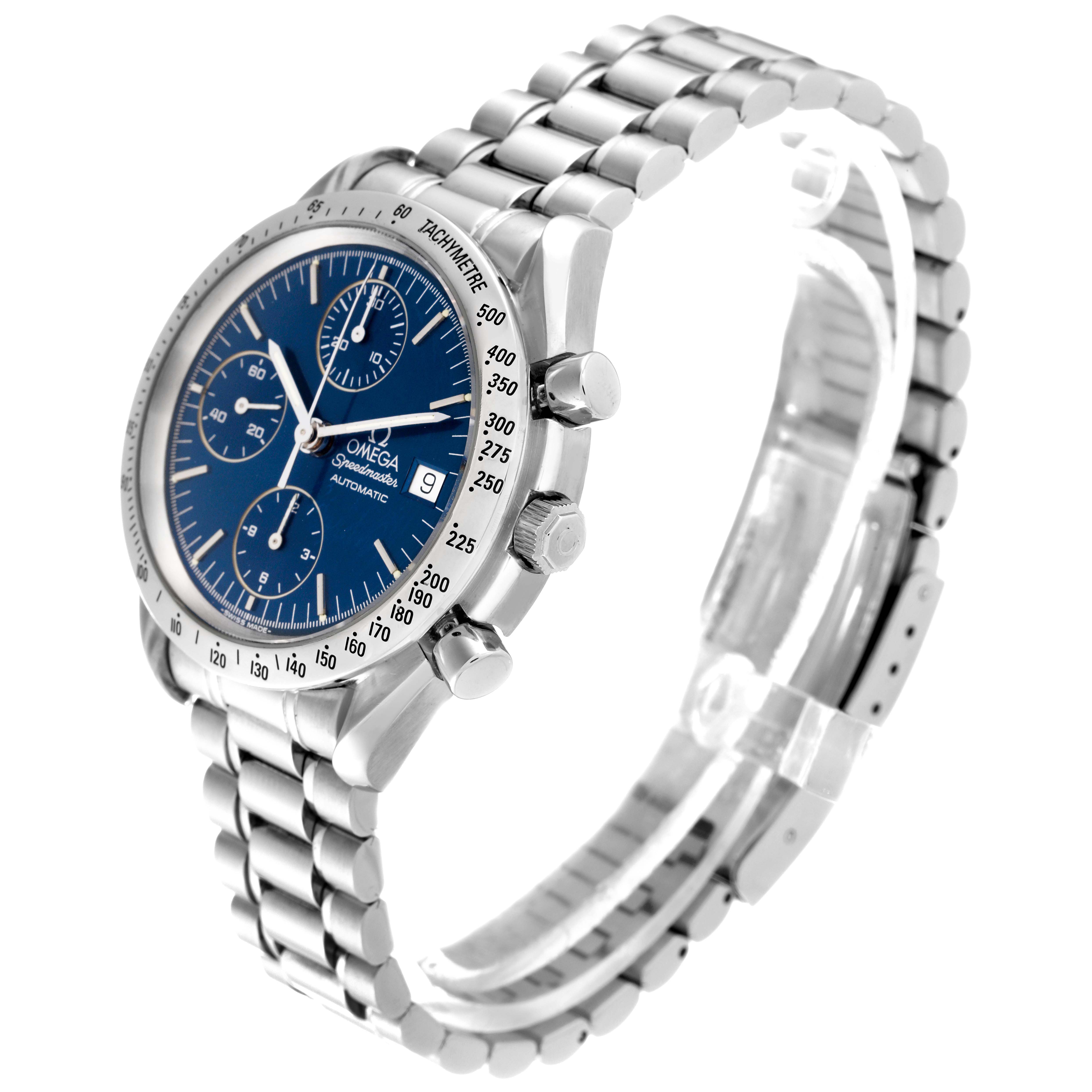 The Omega Speedmaster 3511.80.00 Men
s Stainless Steel Blue Dial 3511.80.00 Men
s Stainless Steel Blue Dial watch is shown at a side angle, showcasing the dial, crown, pushers, and stainless steel bracelet.