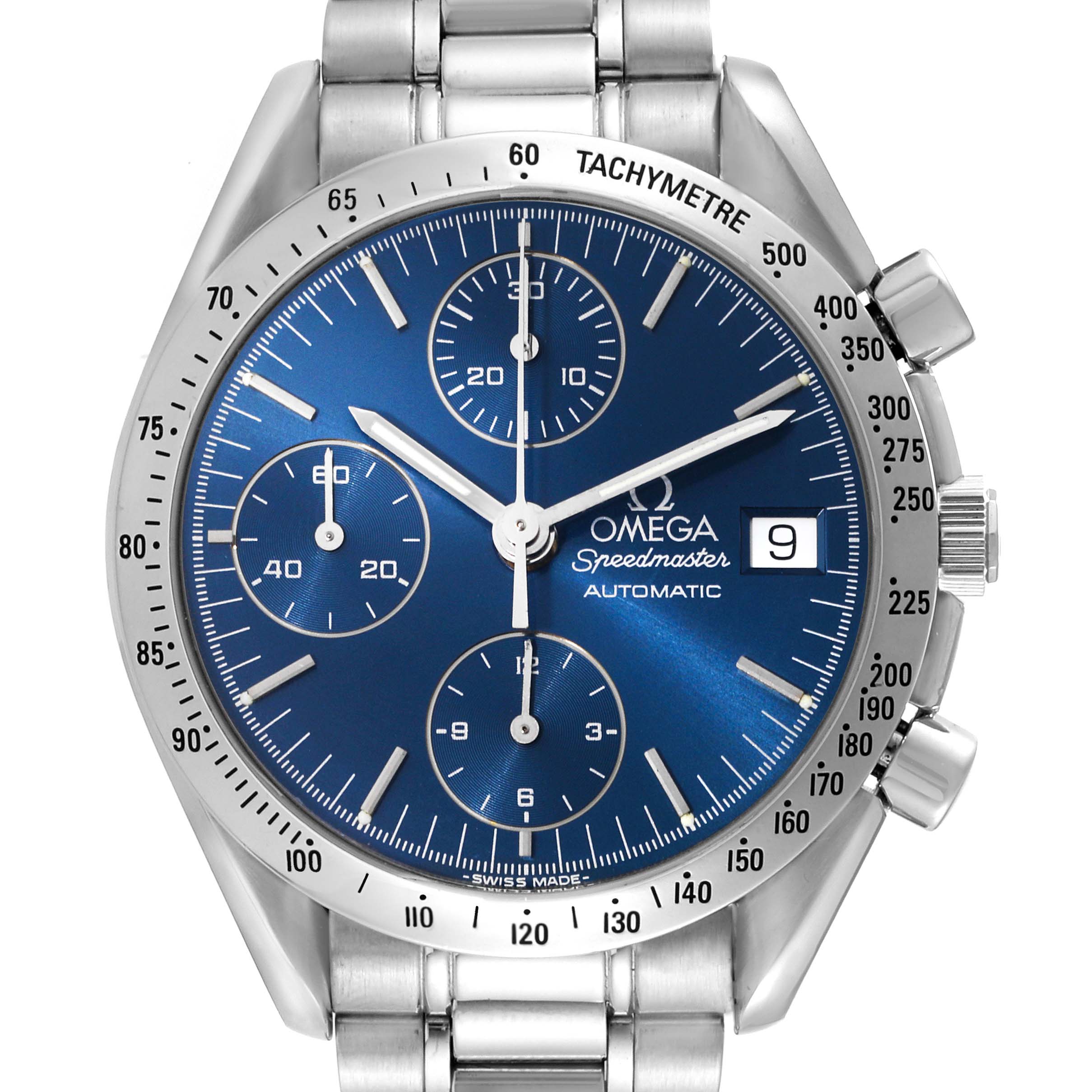 The image shows a front view of an Omega Speedmaster 3511.80.00 Men
s Stainless Steel Blue Dial 3511.80.00 Men
s Stainless Steel Blue Dial watch, highlighting the dial, hands, sub-dials, date window, and bracelet.