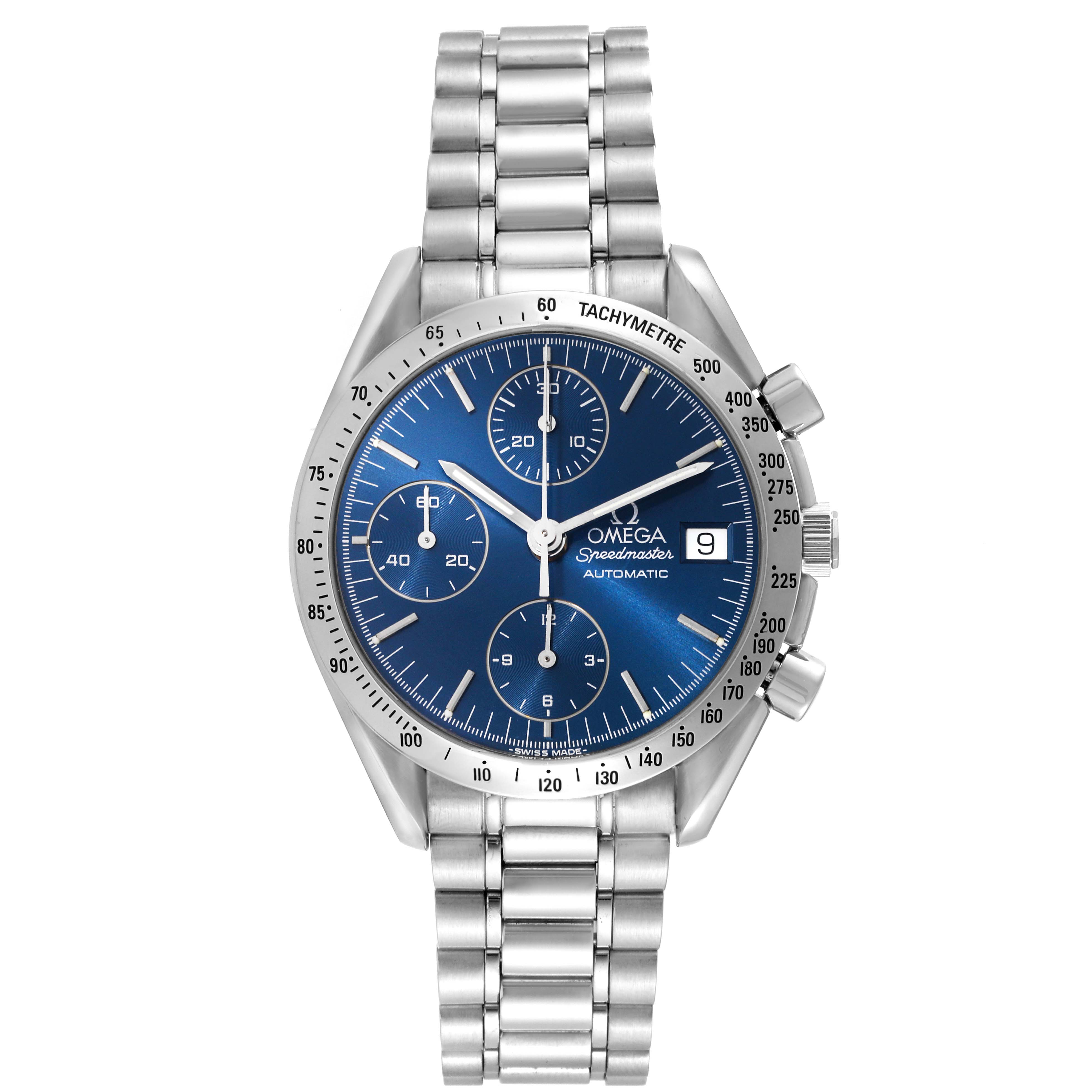 The image shows a front view of an Omega Speedmaster 3511.80.00 Men
s Stainless Steel Blue Dial 3511.80.00 Men
s Stainless Steel Blue Dial watch, featuring its dial, tachymeter, and metal bracelet.