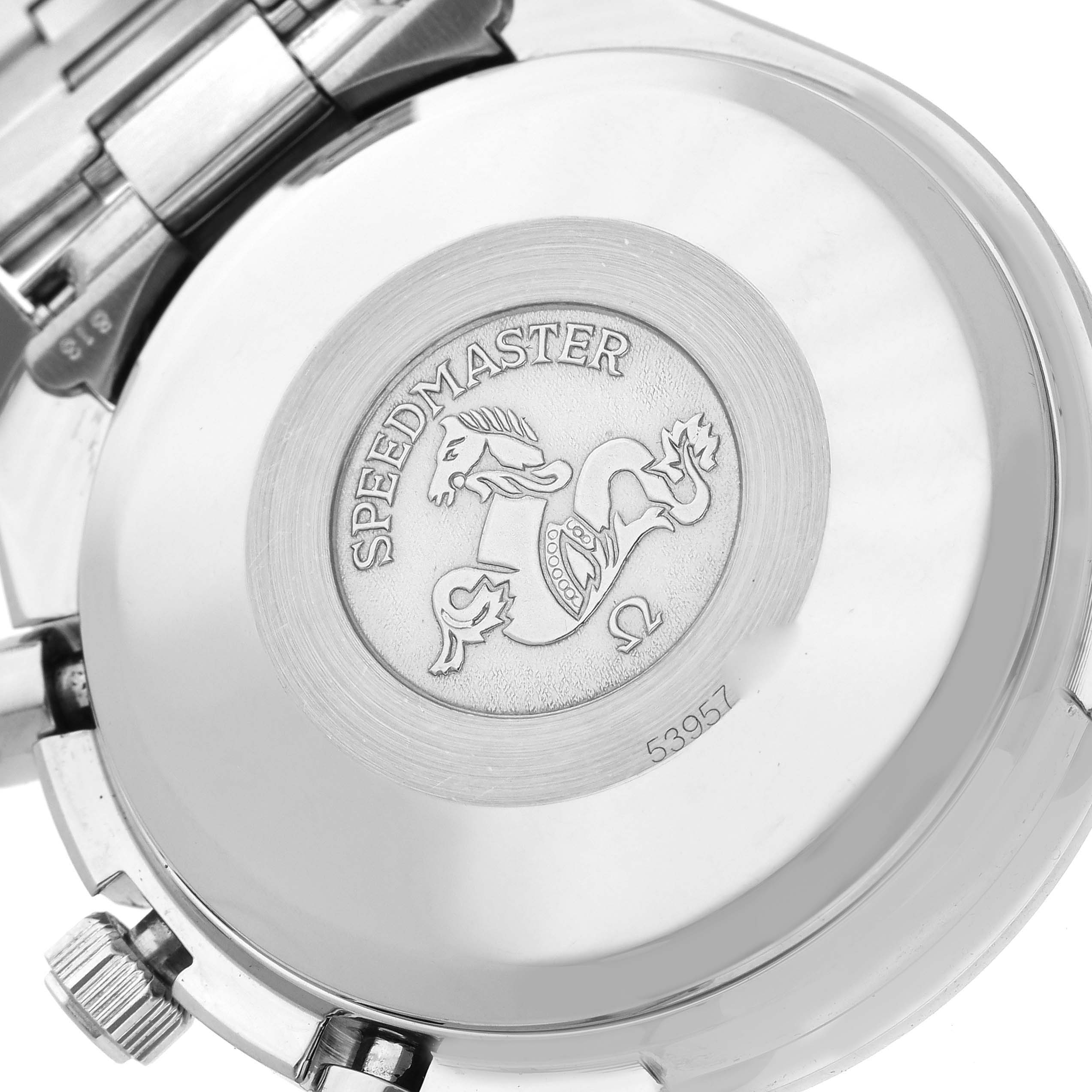 The image shows the back case of an Omega Speedmaster 3511.80.00 Men
s Stainless Steel Blue Dial 3511.80.00 Men
s Stainless Steel Blue Dial watch, featuring the engraved logo and text.