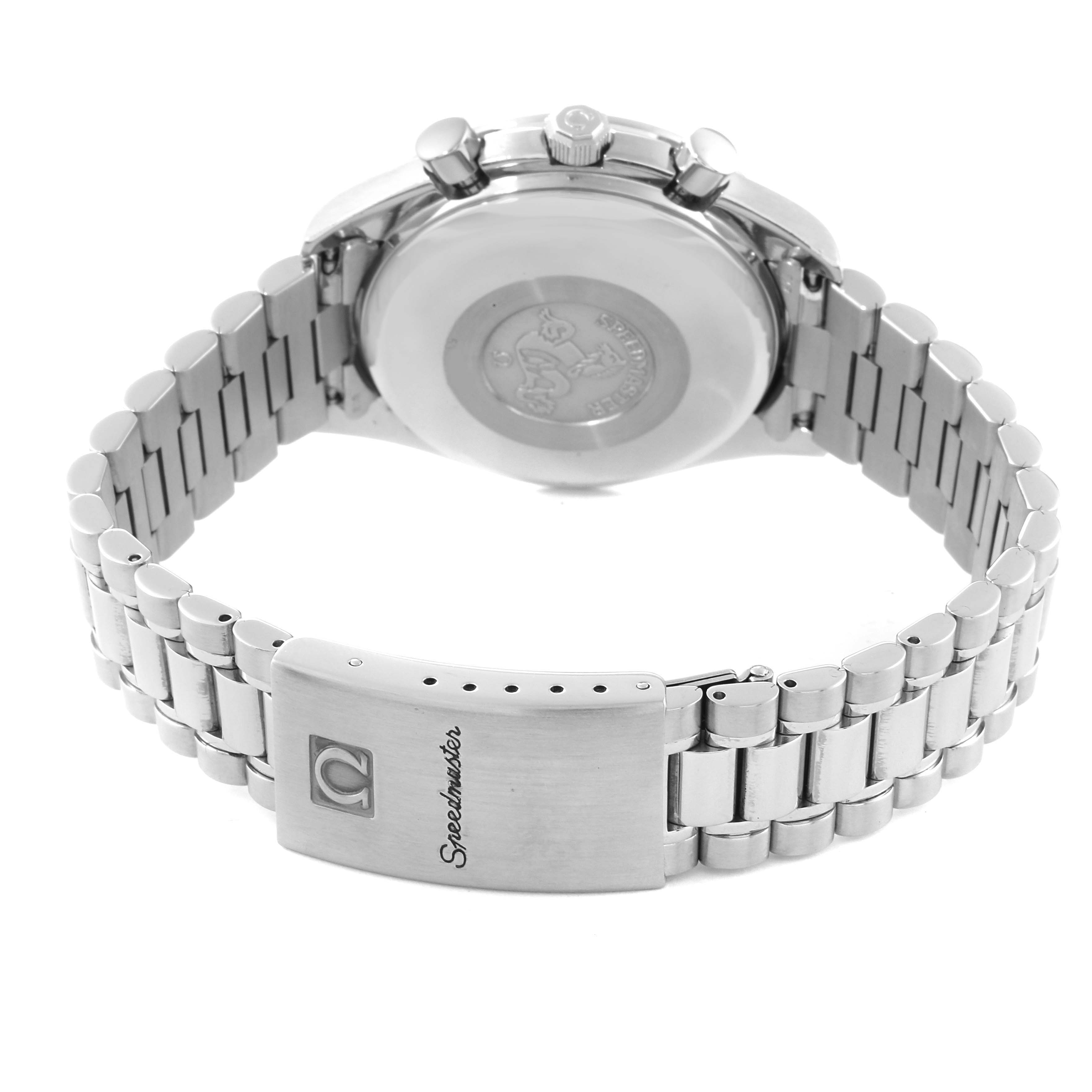 The image shows the back view of the Omega Speedmaster 3511.80.00 Men
s Stainless Steel Blue Dial 3511.80.00 Men
s Stainless Steel Blue Dial watch, highlighting its case back and metal bracelet with the engraved clasp.