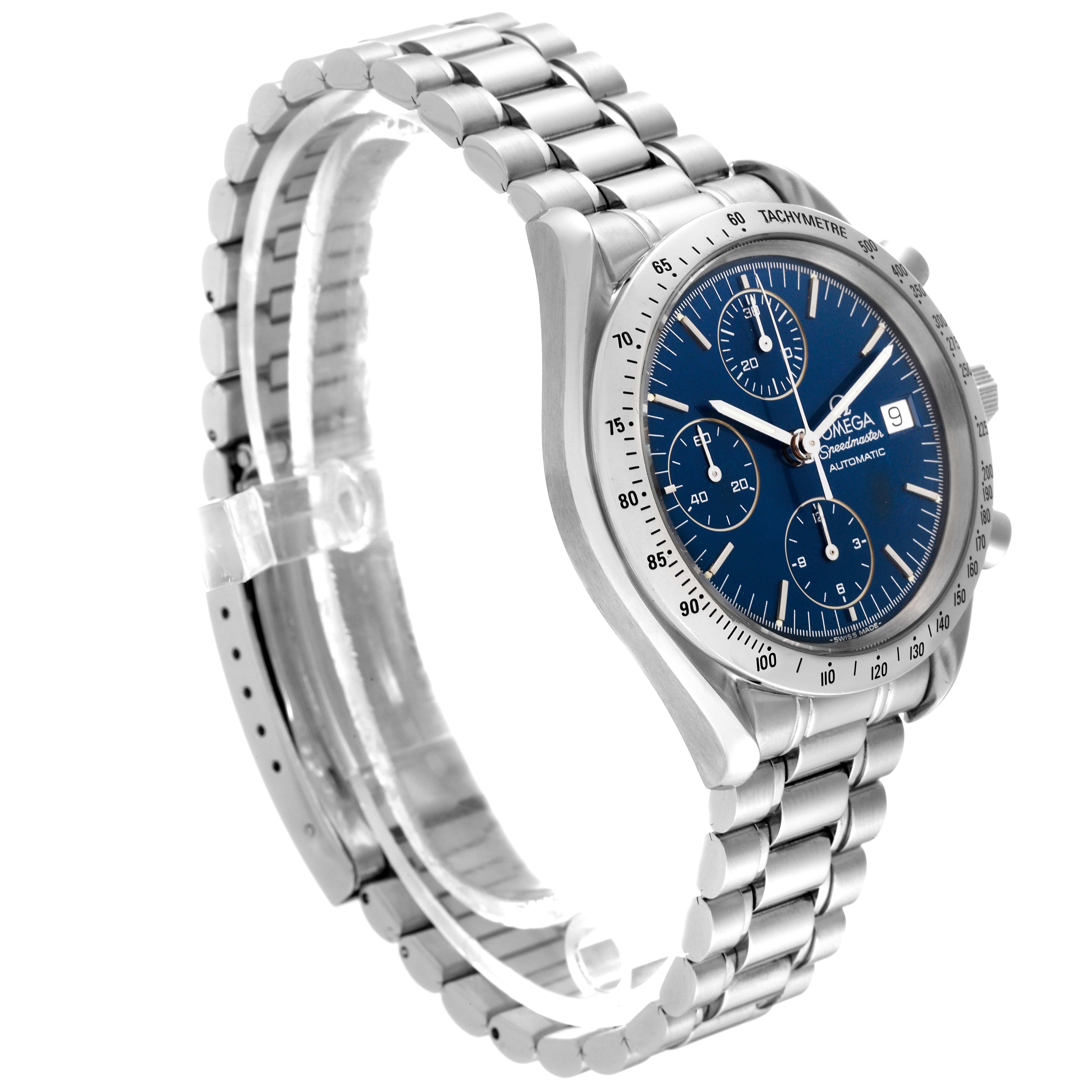 This image shows an Omega Speedmaster 3511.80.00 Men
s Stainless Steel Blue Dial 3511.80.00 Men
s Stainless Steel Blue Dial watch at a three-quarter angle, highlighting its blue dial, stainless steel case, bezel, and bracelet.