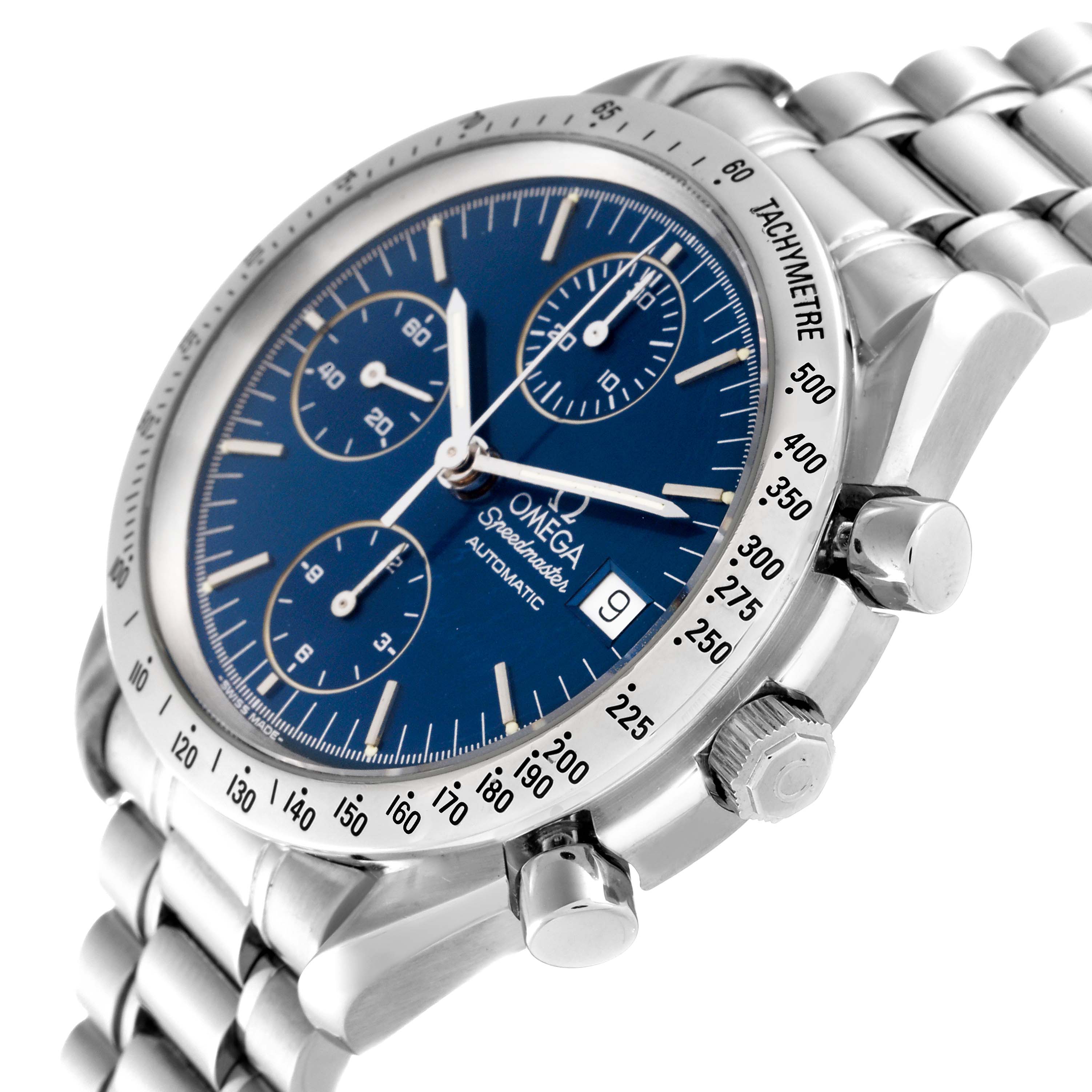 The Omega Speedmaster 3511.80.00 Men
s Stainless Steel Blue Dial 3511.80.00 Men
s Stainless Steel Blue Dial watch is shown at an angled close-up, highlighting the dial, tachymeter bezel, crown, and pushers.