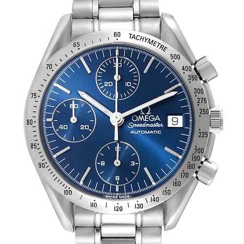 The image shows the face of an Omega Speedmaster watch from a front view, highlighting its blue dial, chronograph sub-dials, and tachymeter scale.