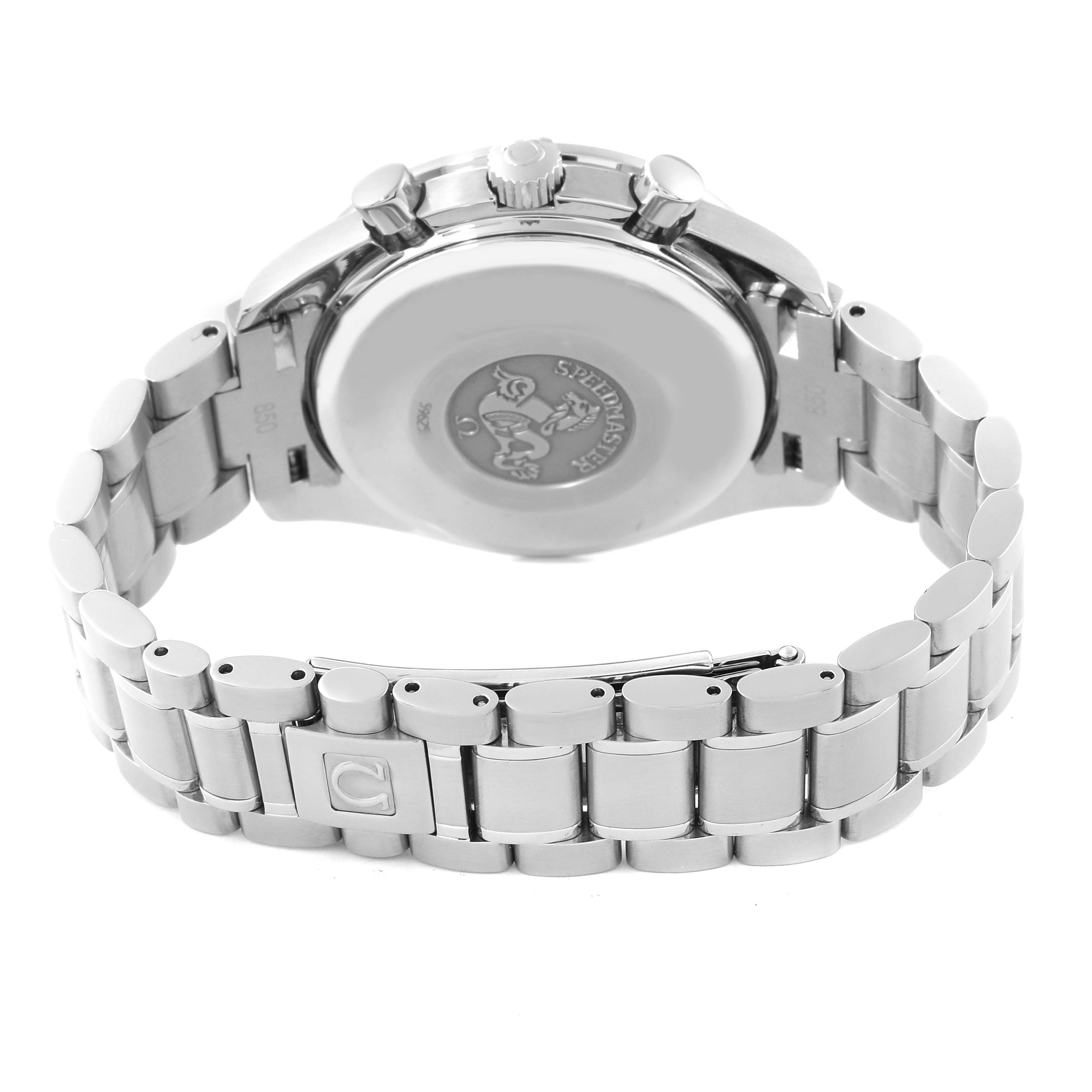 The image shows the back view of an Omega Speedmaster 3520.50.00 Men's Stainless Steel Black Dial 3520.50.00 Men's Stainless Steel Black Dial watch, displaying its clasp and caseback detailing.