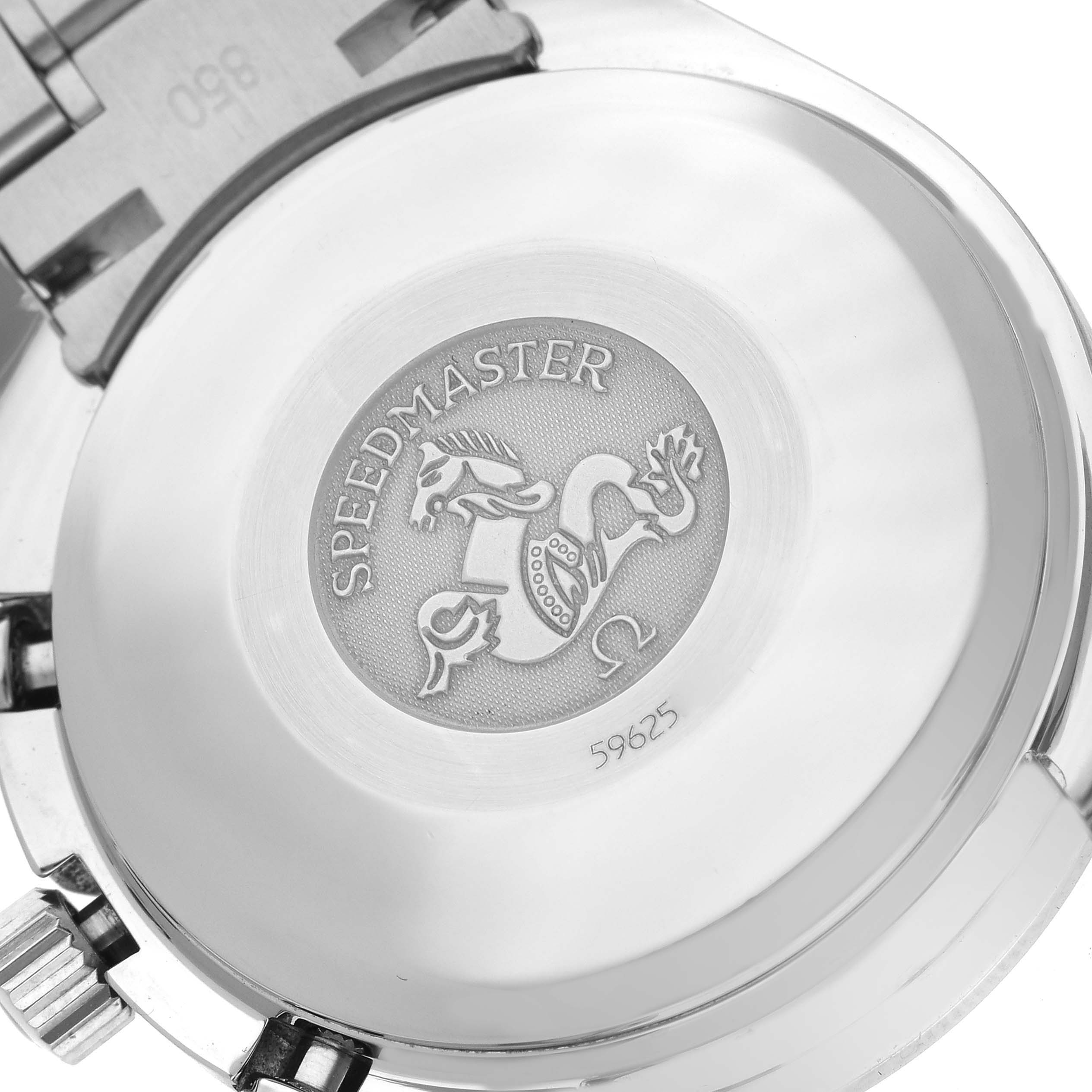 The image shows the back case of an Omega Speedmaster 3520.50.00 Men's Stainless Steel Black Dial 3520.50.00 Men's Stainless Steel Black Dial watch, featuring the model's logo and serial number.