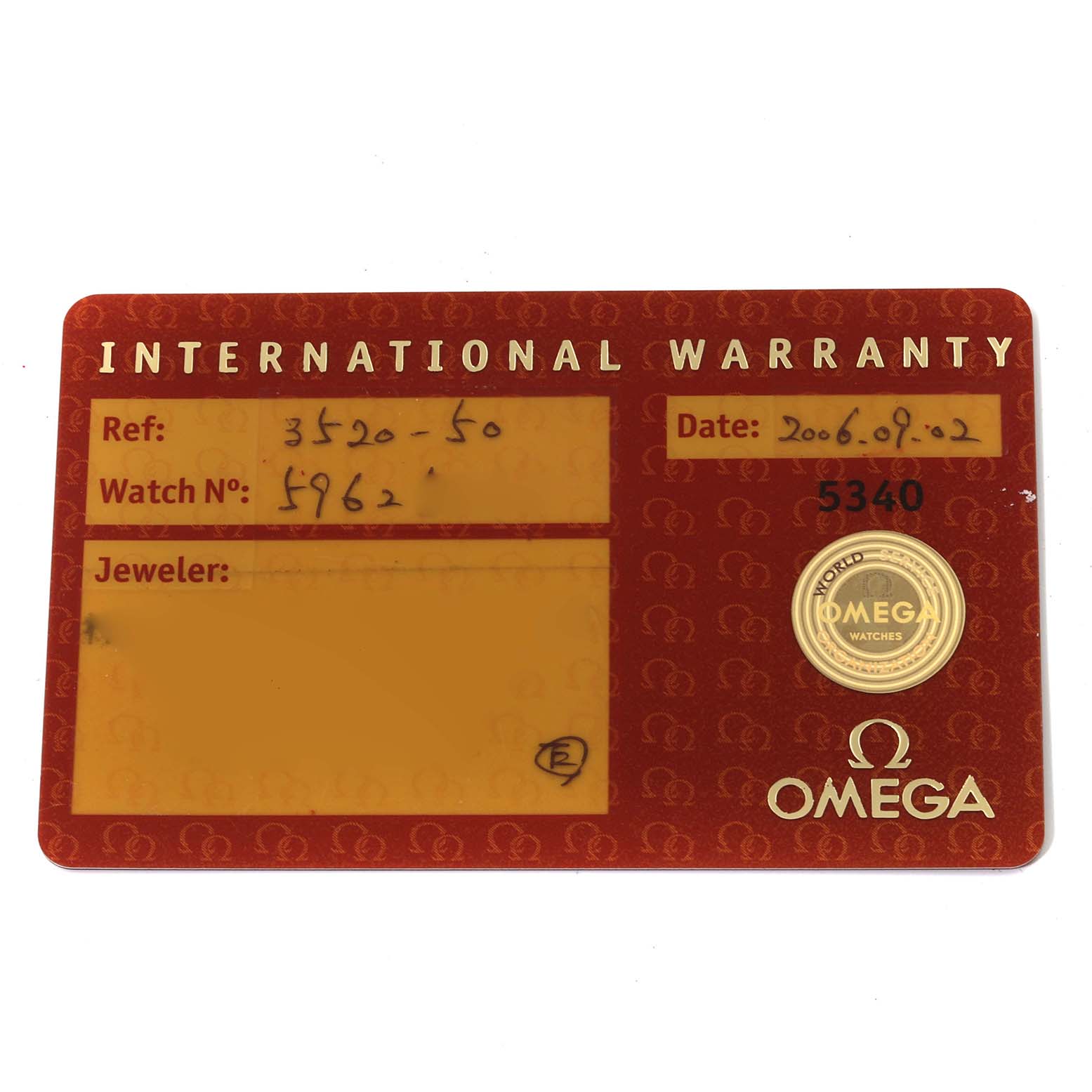 The image shows an Omega Speedmaster 3520.50.00 Men's Stainless Steel Black Dial 3520.50.00 Men's Stainless Steel Black Dial's International Warranty card, displaying the reference number, watch number, and date.