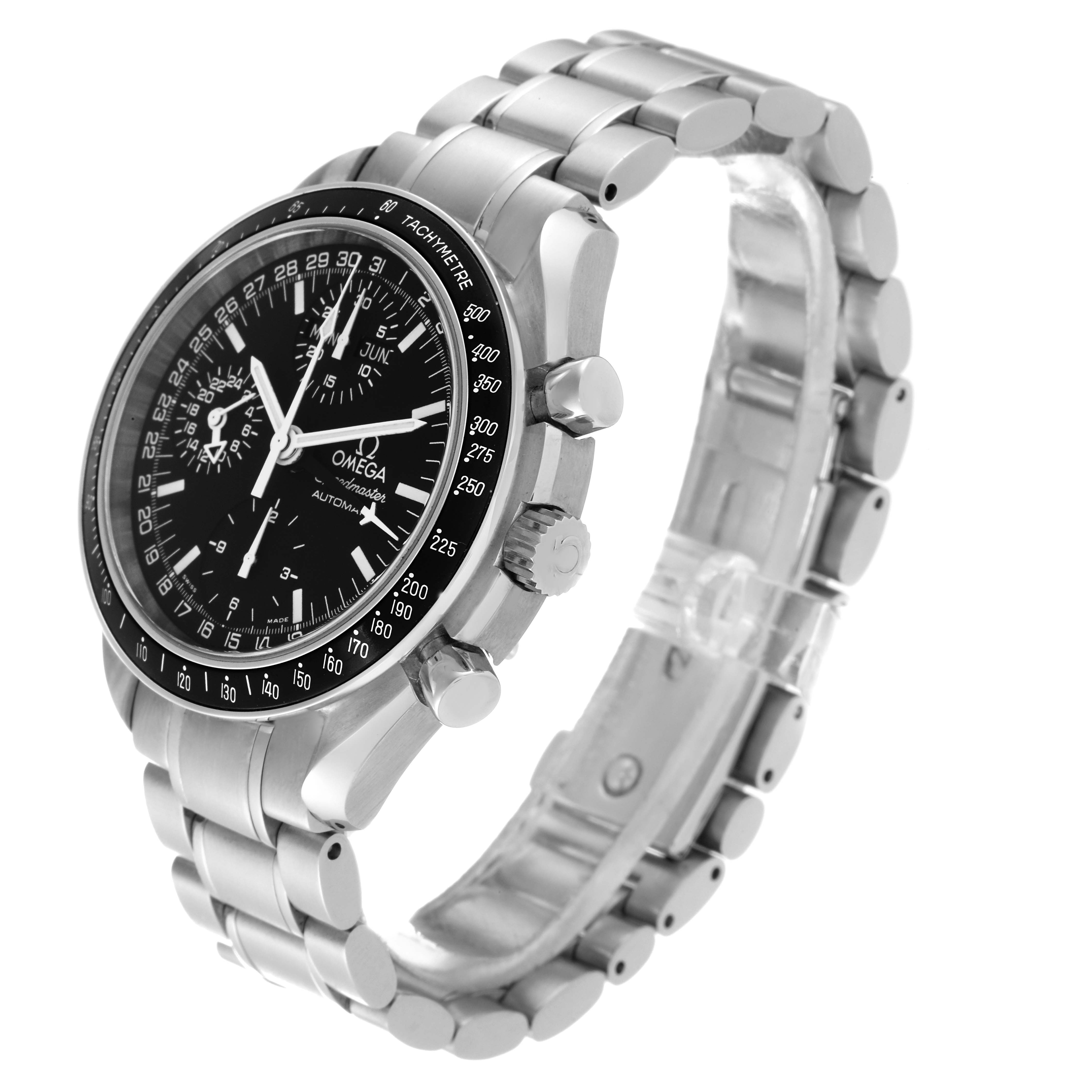 The Omega Speedmaster 3520.50.00 Men's Stainless Steel Black Dial 3520.50.00 Men's Stainless Steel Black Dial watch is shown at a three-quarter angle, displaying its face, bracelet, and side buttons.