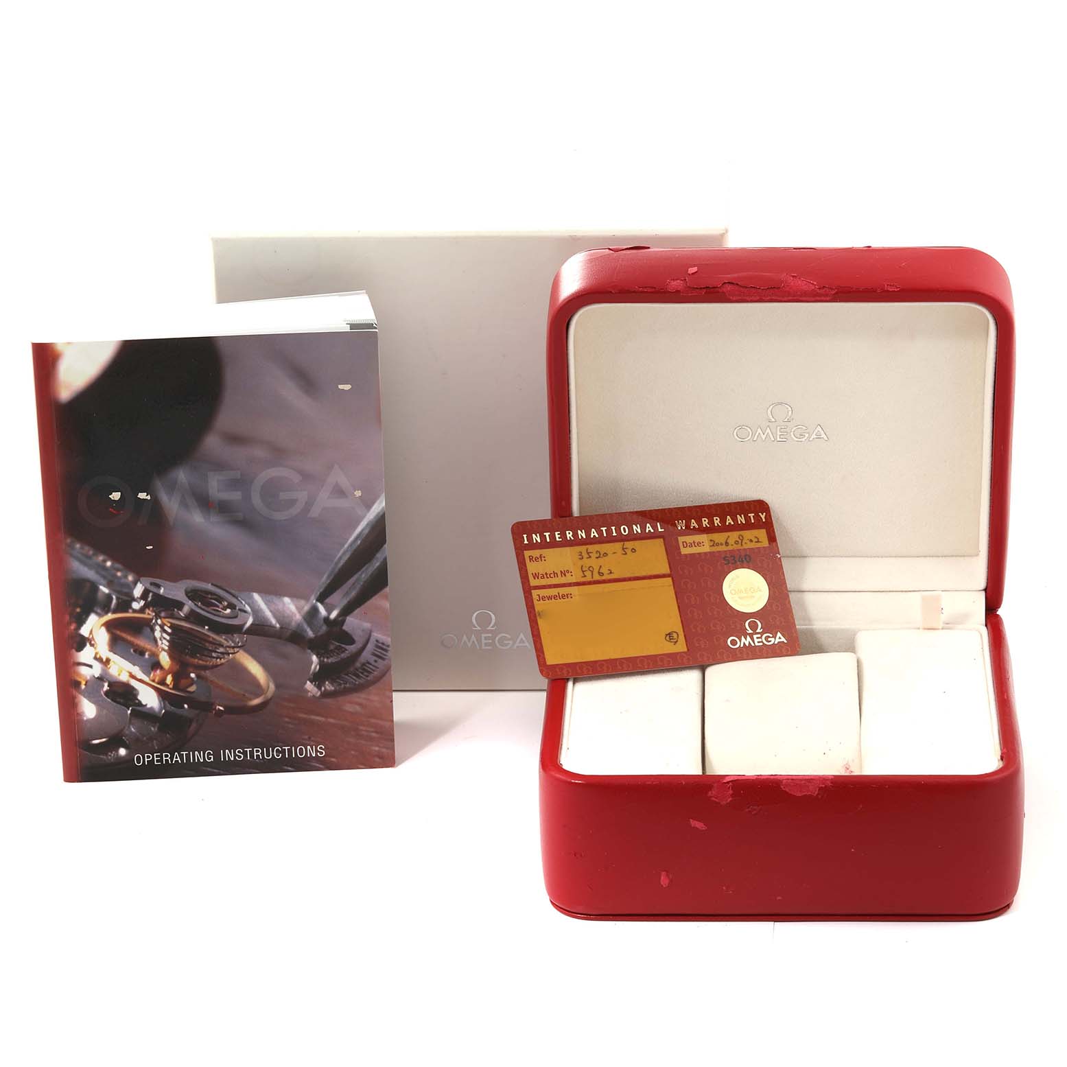 The image shows an Omega Speedmaster 3520.50.00 Men's Stainless Steel Black Dial 3520.50.00 Men's Stainless Steel Black Dial watch packaging, including a red watch box, warranty card, white outer box, and instruction manual.