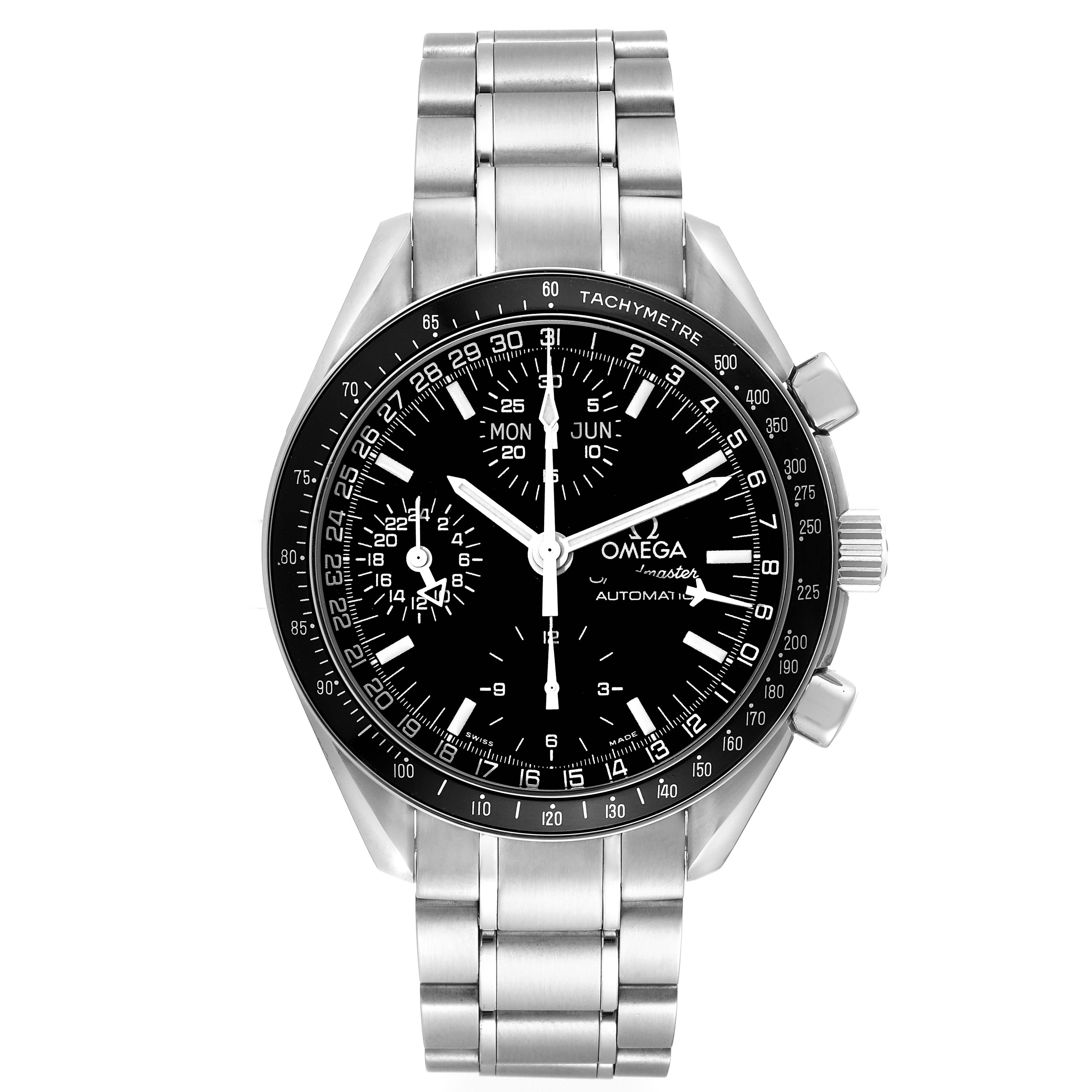This image shows a front view of an Omega Speedmaster 3520.50.00 Men's Stainless Steel Black Dial 3520.50.00 Men's Stainless Steel Black Dial watch, highlighting its dial, bezel, and stainless steel bracelet.