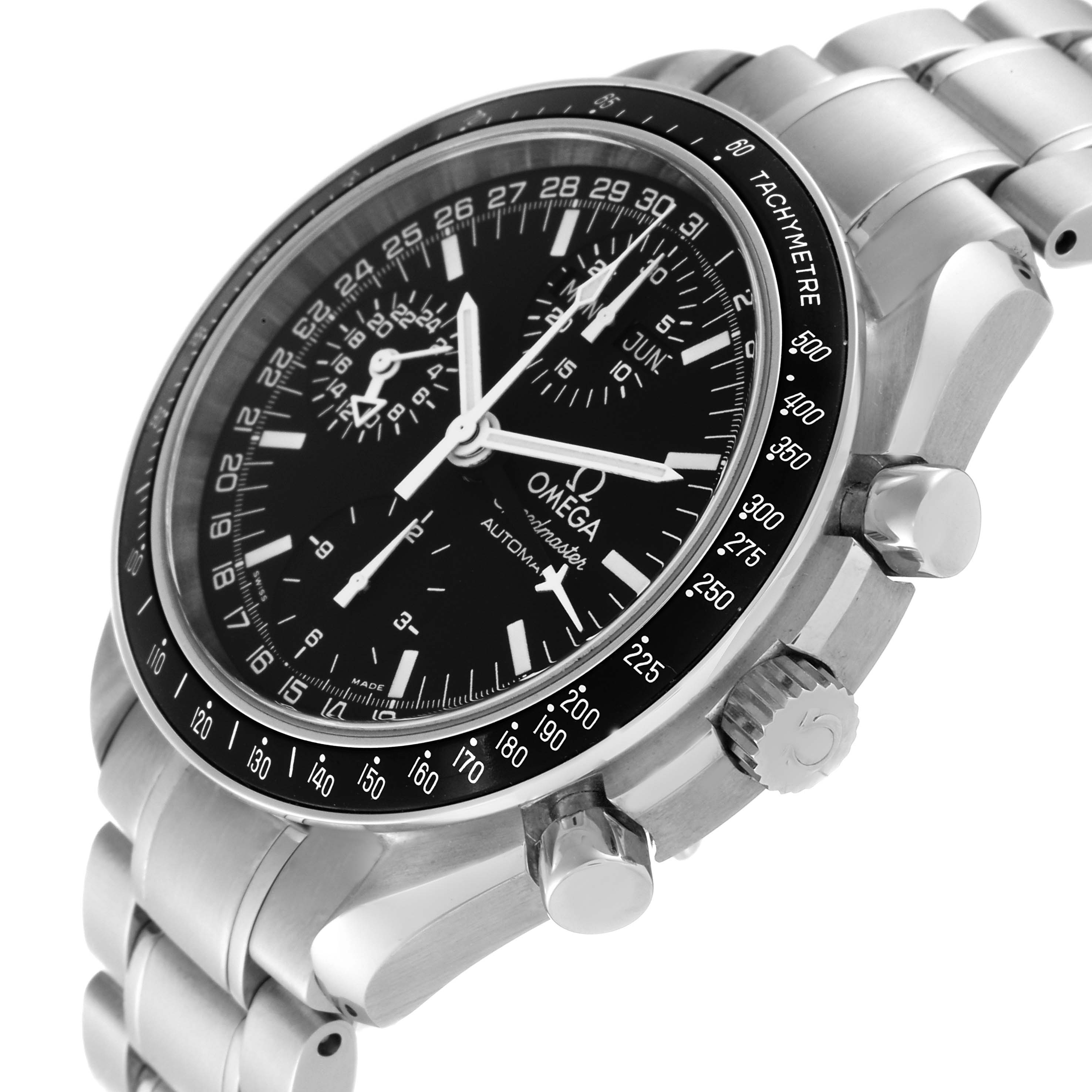 This image shows an angled view of the Omega Speedmaster 3520.50.00 Men's Stainless Steel Black Dial 3520.50.00 Men's Stainless Steel Black Dial watch, highlighting its black dial, tachymeter bezel, and stainless steel bracelet.