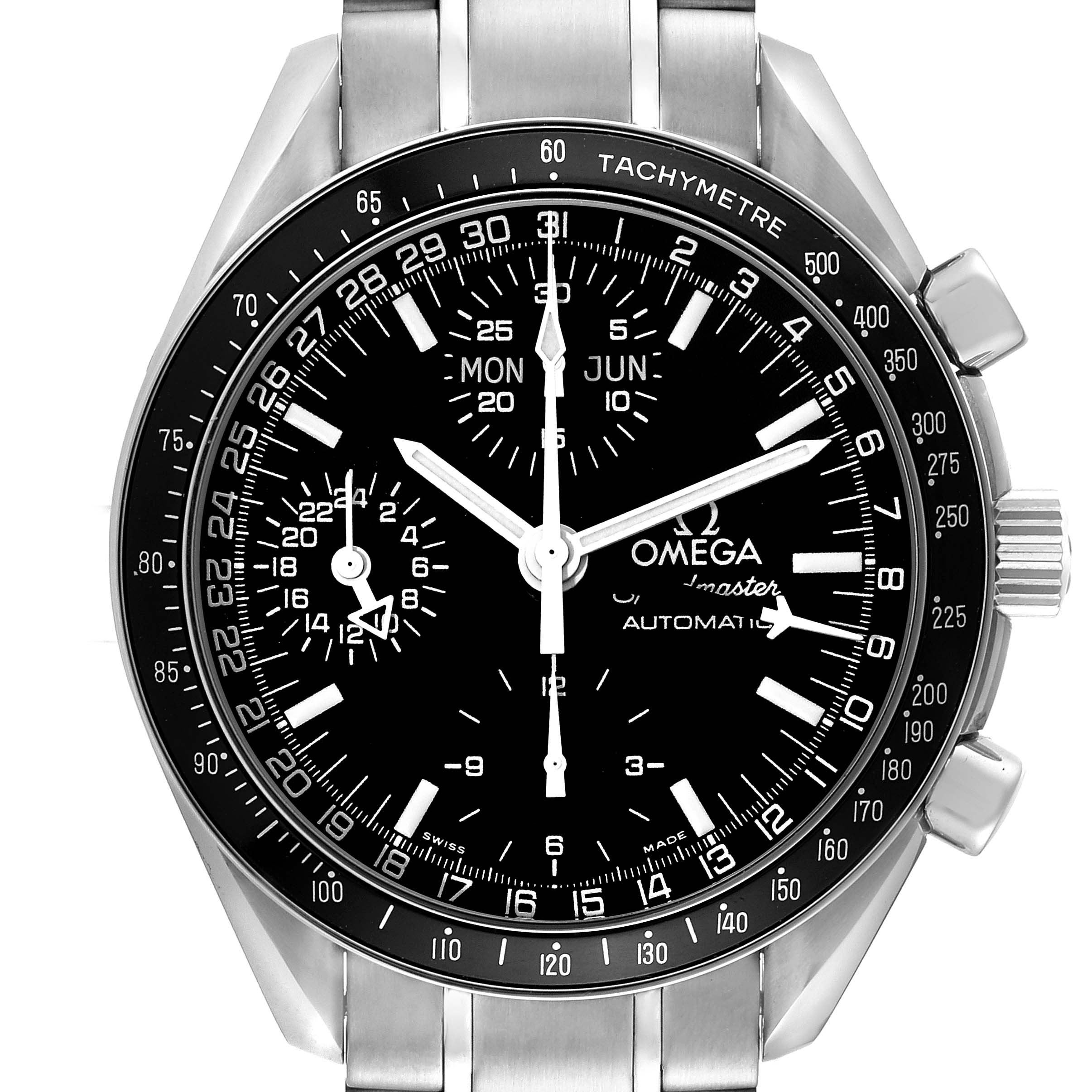 The image shows a front view of an Omega Speedmaster 3520.50.00 Men's Stainless Steel Black Dial 3520.50.00 Men's Stainless Steel Black Dial watch, focusing on the dial, bezel, and part of the bracelet.