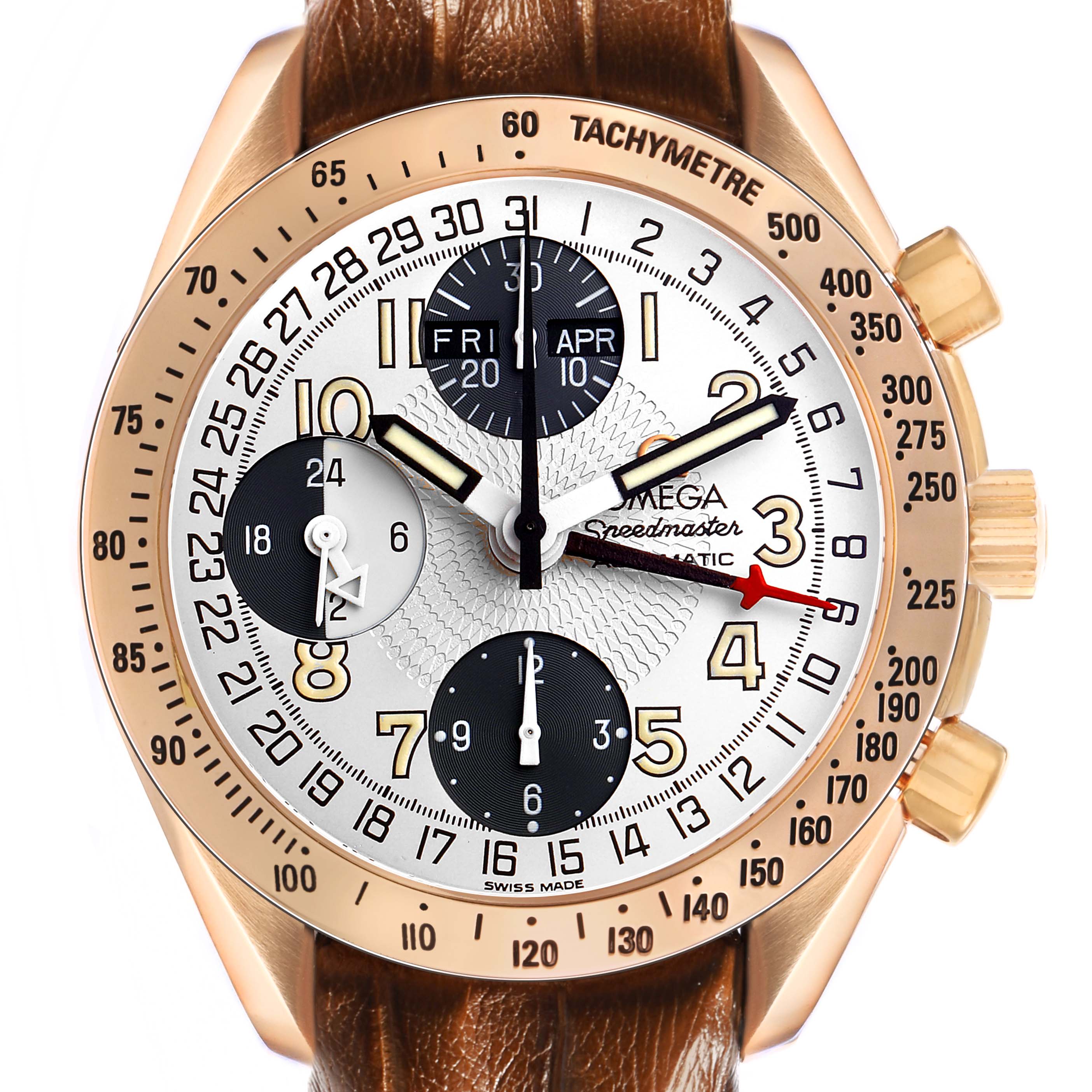 The image shows the Omega Speedmaster watch from the front, highlighting the dial, bezel, tachymeter, and leather strap.