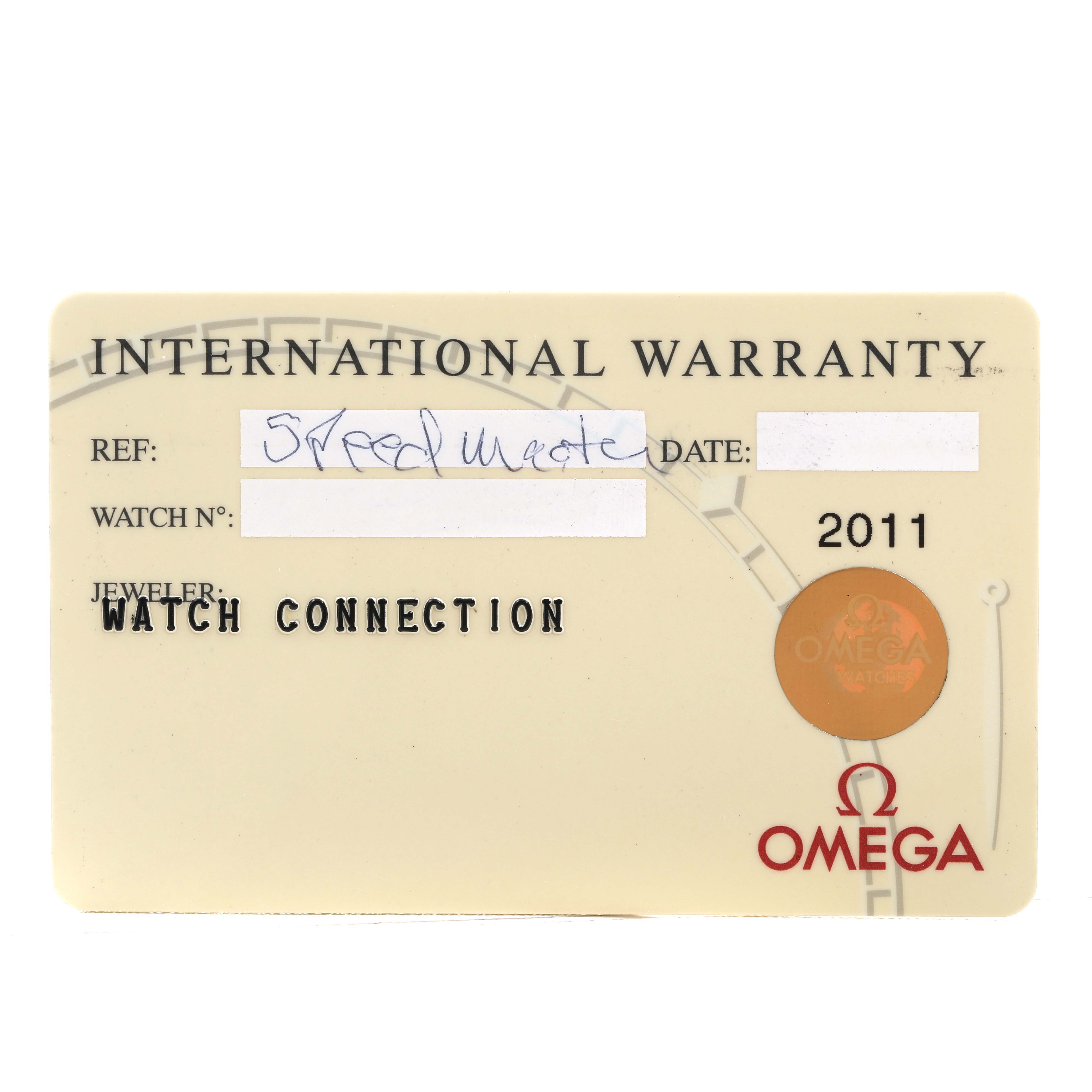 The image shows an Omega Seamaster 3623.33.21 Men's Rose Gold Silver Dial International Warranty card with reference and jeweler details.