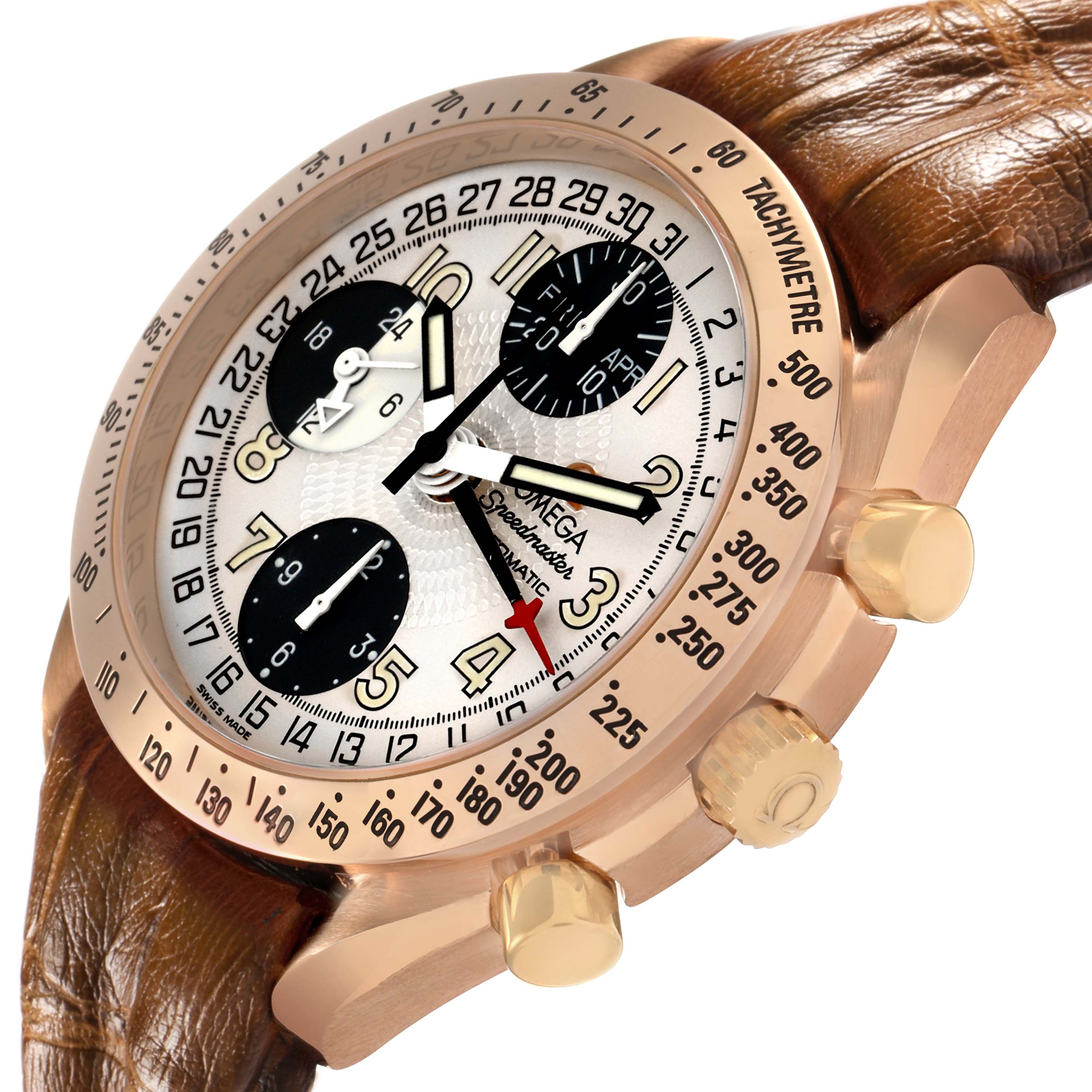 The Omega Seamaster 3623.33.21 Men's Rose Gold Silver Dial is shown from a side angle, highlighting its rose gold bezel, tachymeter, and brown leather strap.