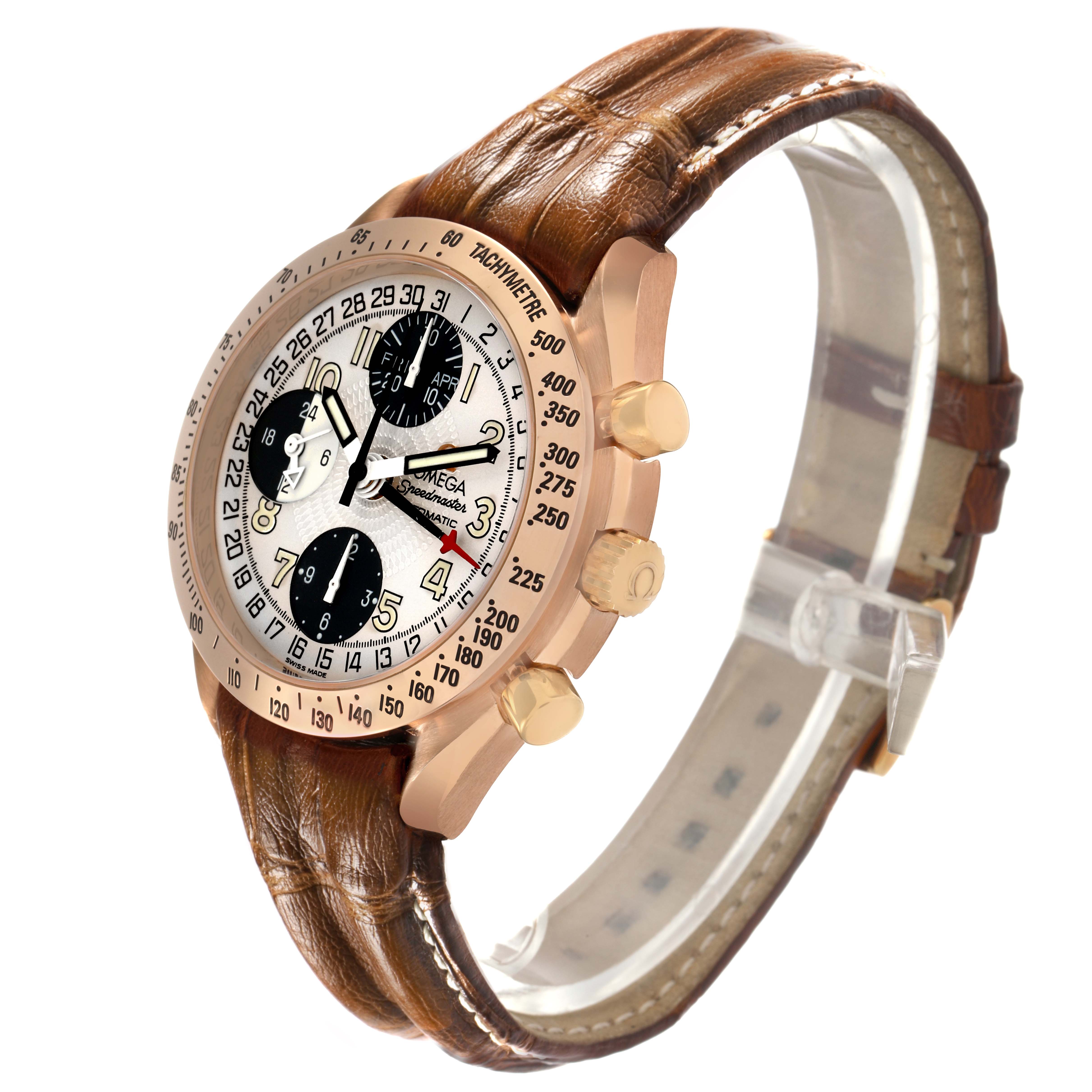 The Omega Seamaster 3623.33.21 Men's Rose Gold Silver Dial watch is shown at a three-quarter angle, highlighting its face, bezel, pushers, crown, and leather strap.