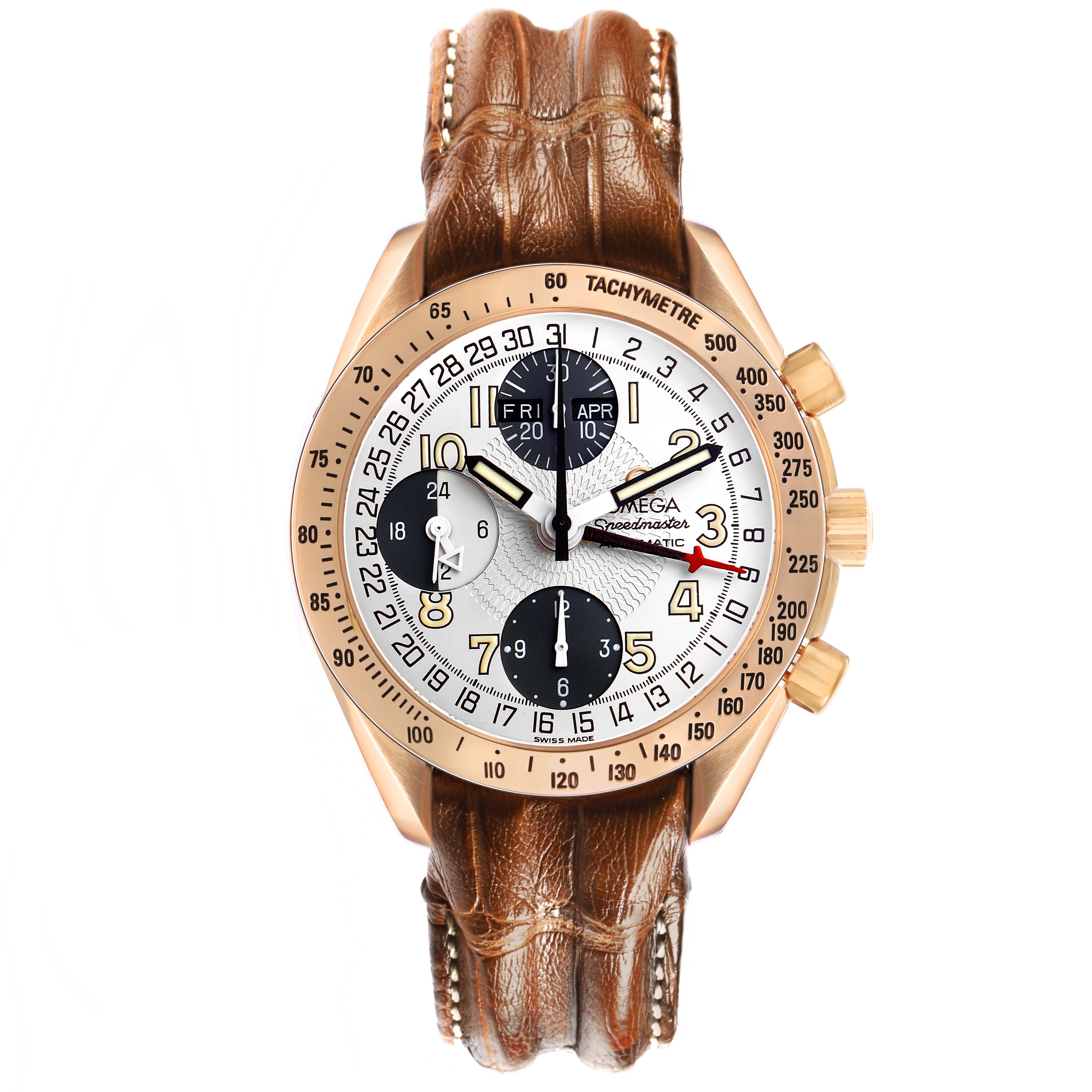 The Omega Seamaster 3623.33.21 Men's Rose Gold Silver Dial watch is shown from a front angle, displaying the dial, case, bezel, and leather strap.