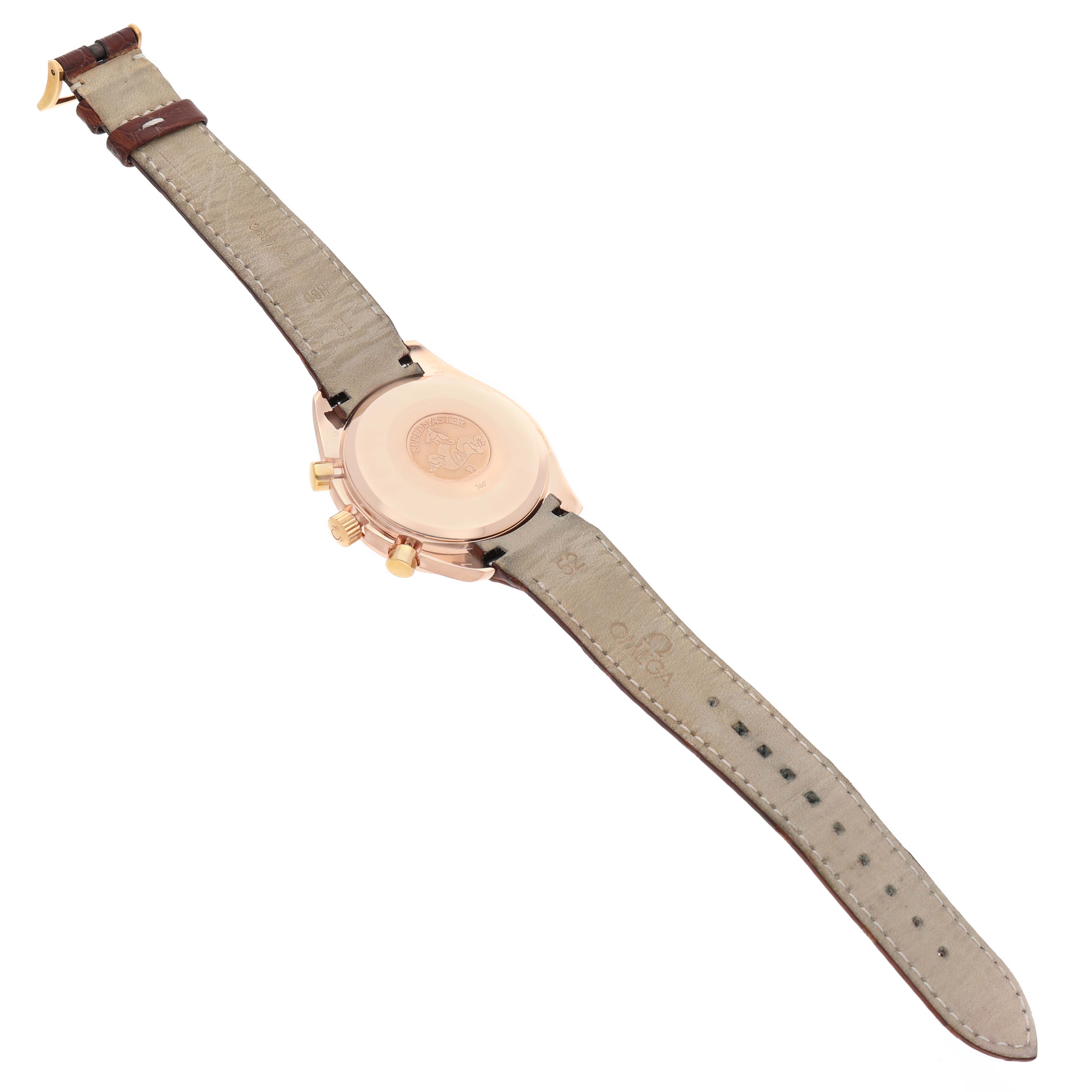 The image shows the back view of the Omega Seamaster 3623.33.21 Men's Rose Gold Silver Dial watch, highlighting the case back, strap, and buckle.