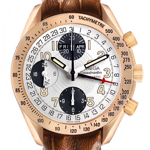The image shows an Omega Speedmaster watch from the front, highlighting the dial, subdials, tachymeter, and crown.