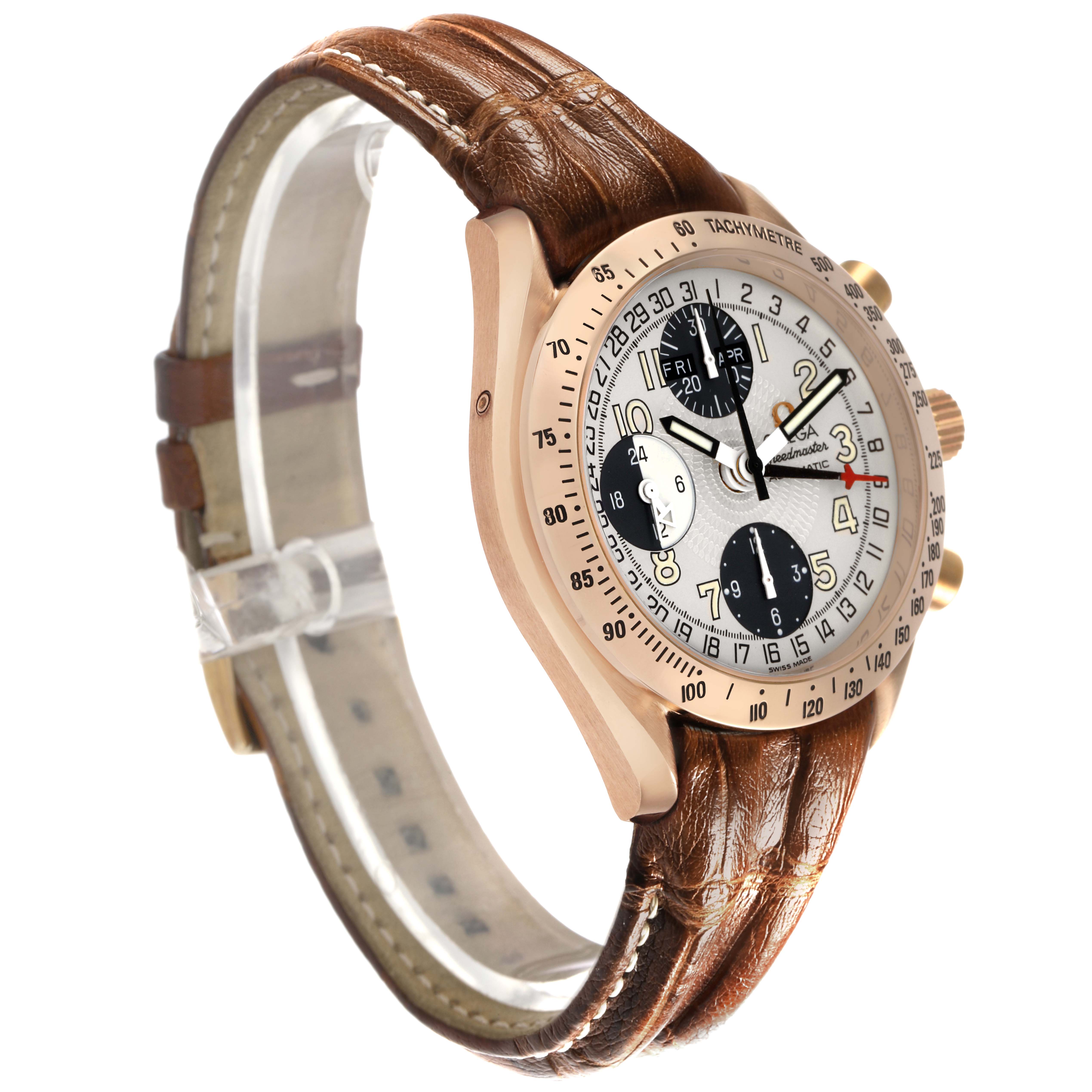 The Omega Seamaster 3623.33.21 Men's Rose Gold Silver Dial watch is shown at a slight angle, featuring the dial, bezel, pushers, and leather strap.