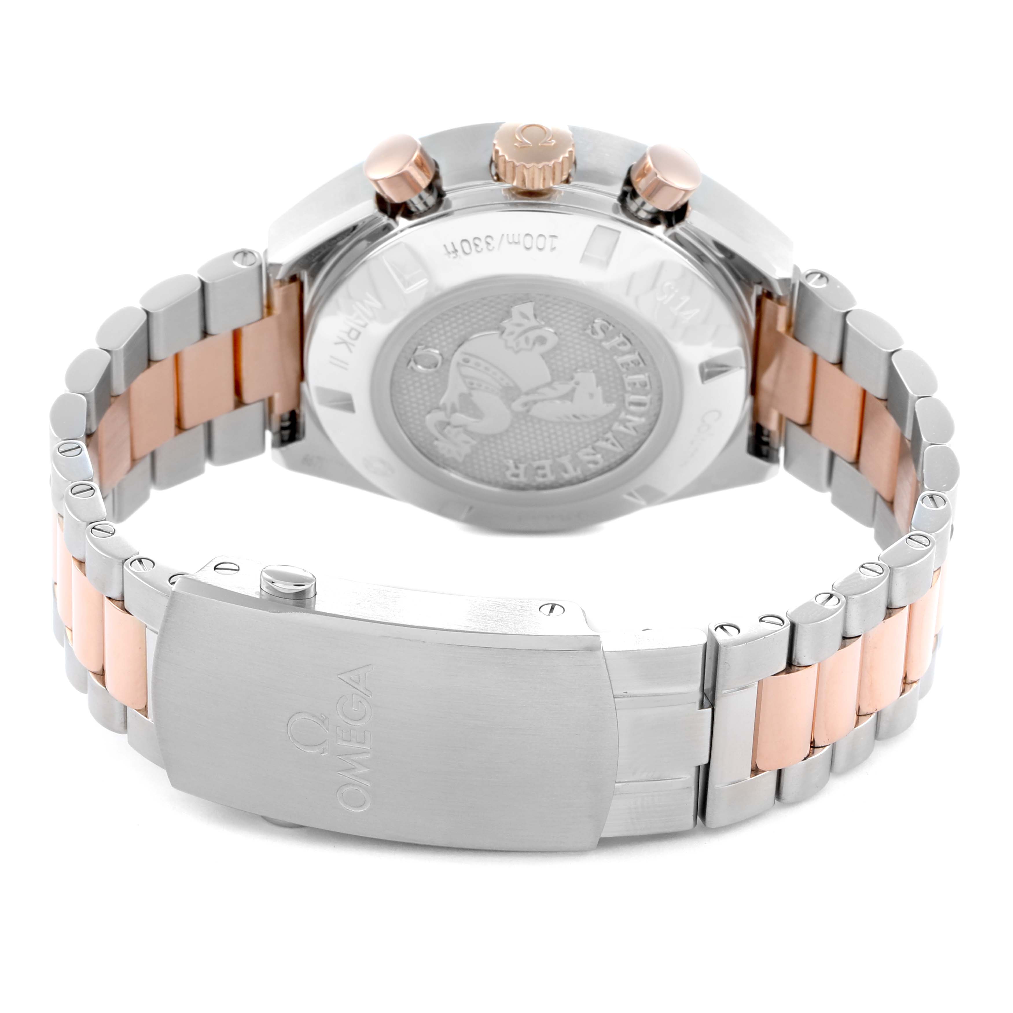 This image shows the back view of the Omega Speedmaster 327.20.43.50.01.001 Men
s Steel and Gold (two tone) Grey Dial, highlighting the case back, bracelet, and clasp with brand engraving.