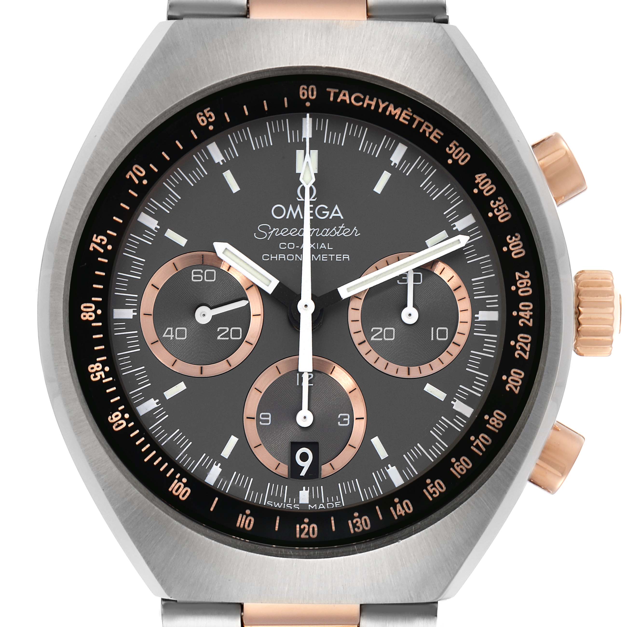 The Omega Speedmaster 327.20.43.50.01.001 Men
s Steel and Gold (two tone) Grey Dial watch is shown from the front, displaying its dial, subdials, crown, and tachymeter bezel.