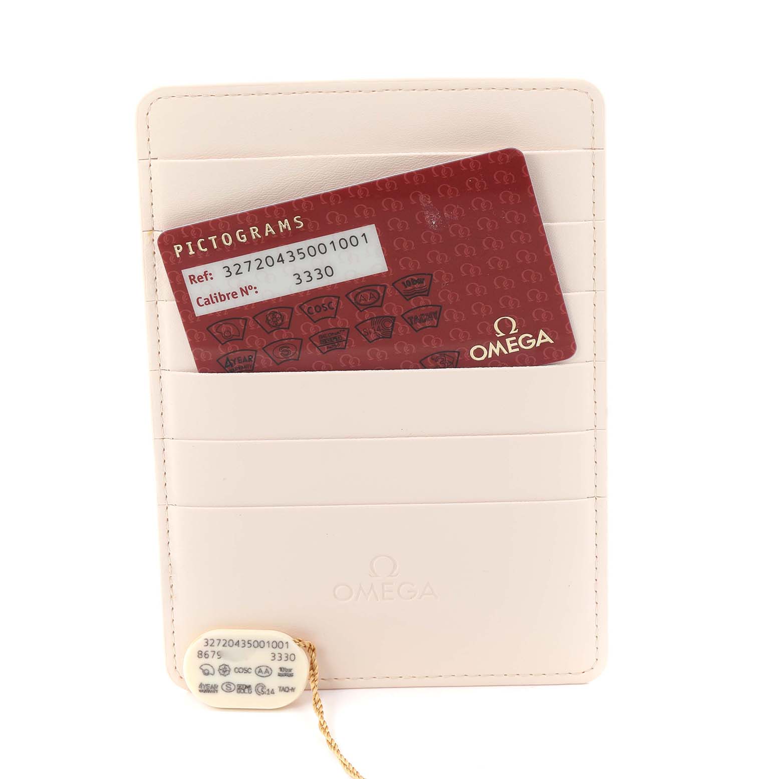 The image shows an Omega Speedmaster 327.20.43.50.01.001 Men
s Steel and Gold (two tone) Grey Dial watch cardholder with a red pictogram card and a hang tag, viewed from the front.