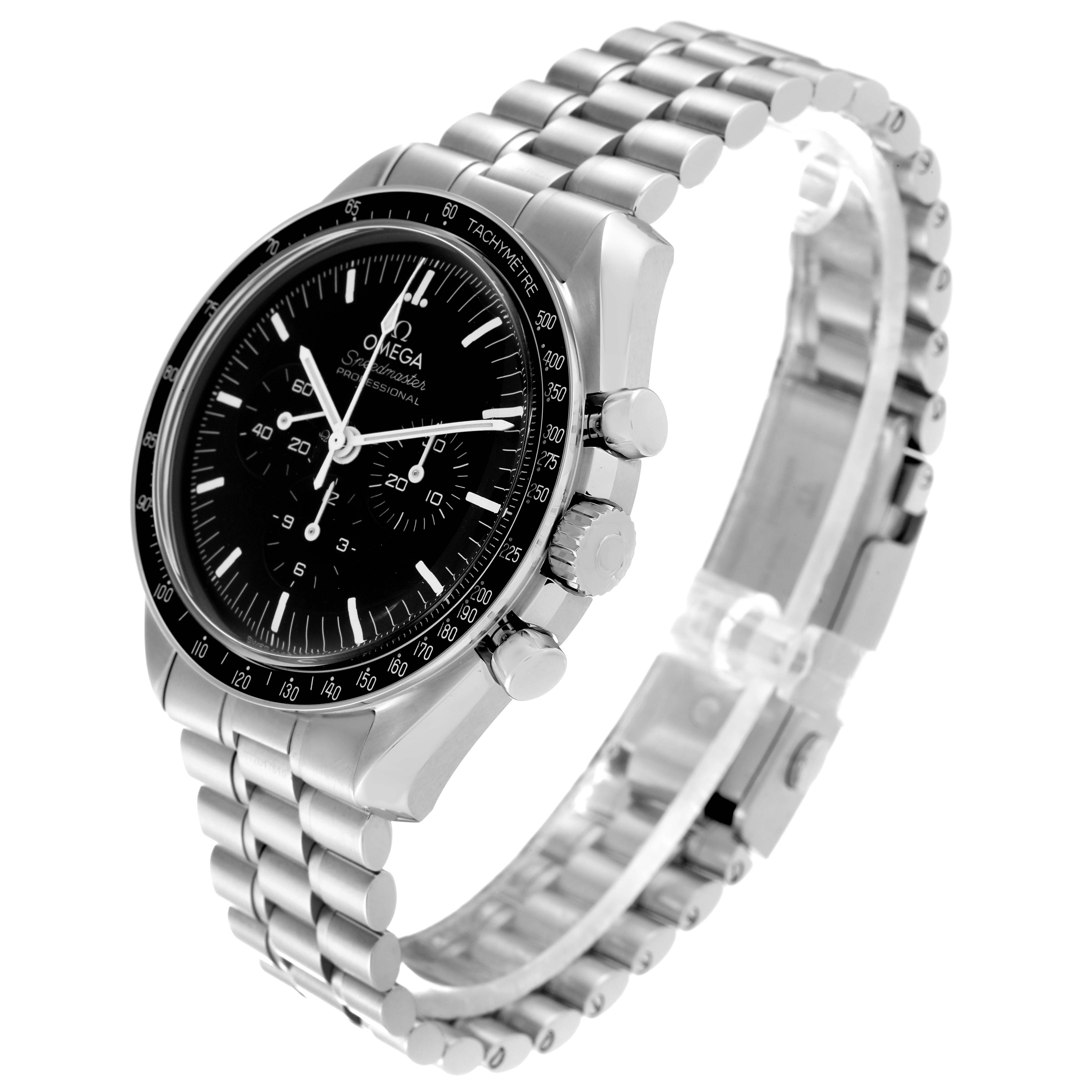 The watch is a Speedmaster model by Omega, shown at an angle emphasizing the dial, bezel, case, and metal bracelet.