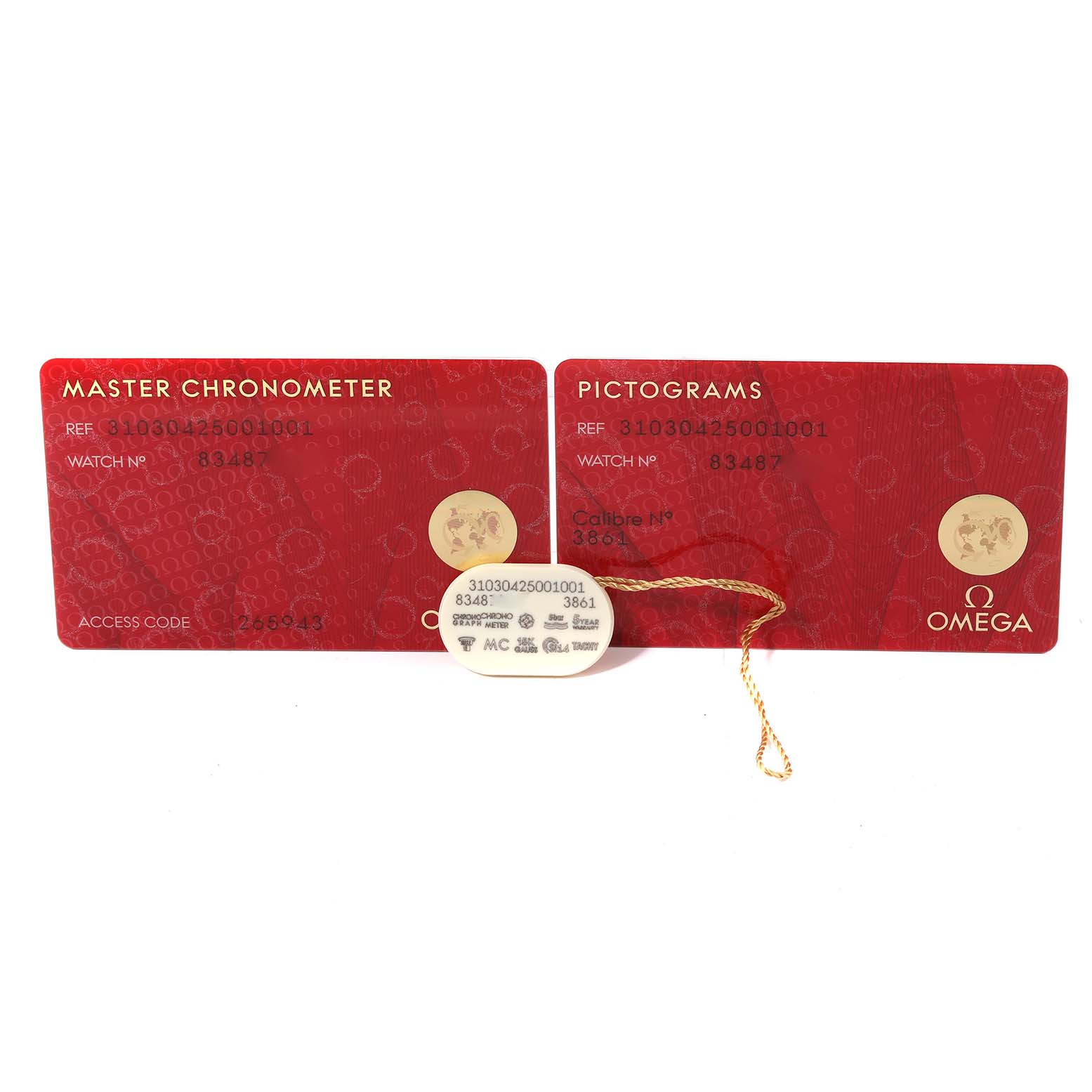 This image shows the warranty and certification cards for an Omega Speedmaster 310.30.42.50.01.001 Men
s Stainless Steel Black Dial 310.30.42.50.01.001 Men
s Stainless Steel Black Dial watch, along with a tag with reference and caliber information.