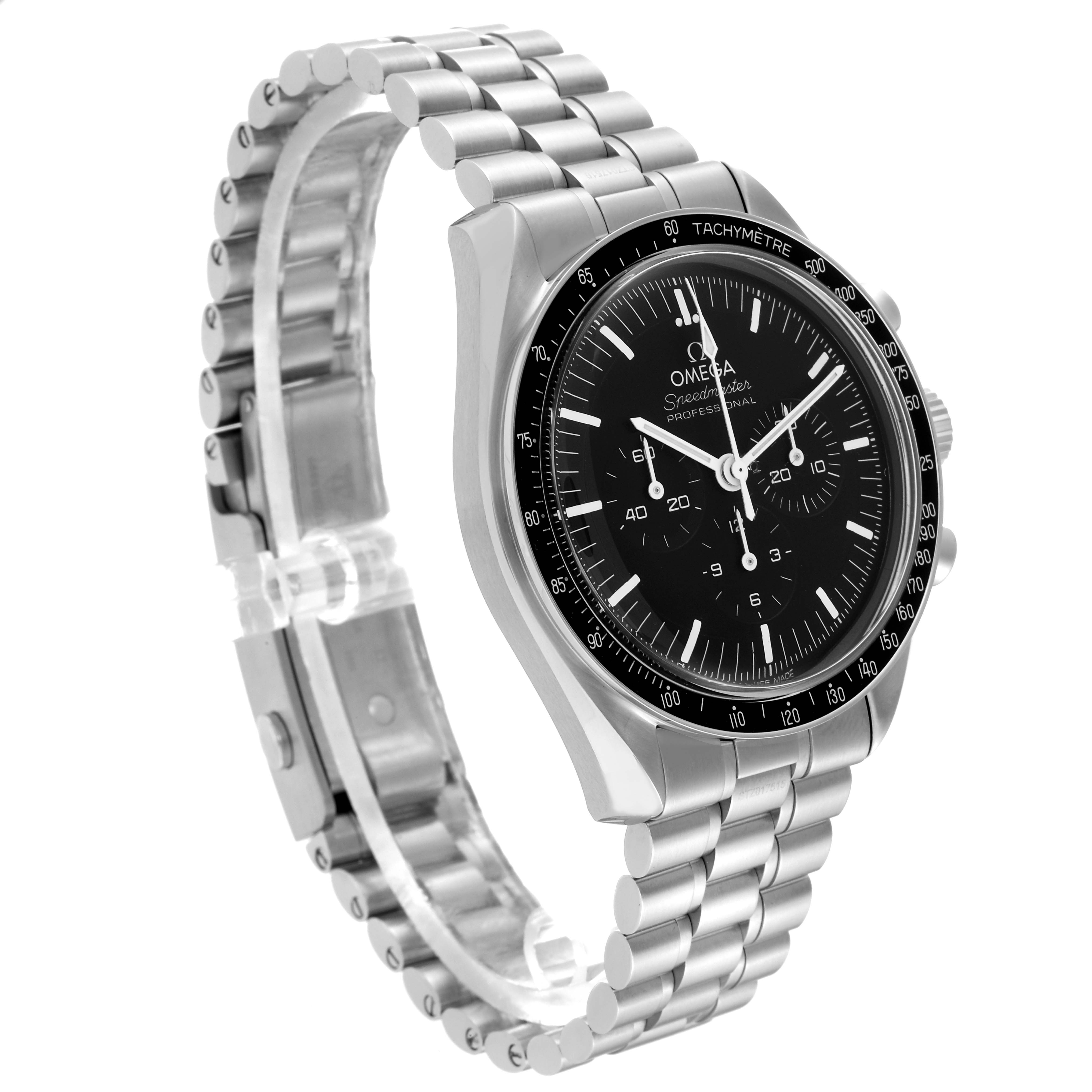 The Omega Speedmaster 310.30.42.50.01.001 Men
s Stainless Steel Black Dial 310.30.42.50.01.001 Men
s Stainless Steel Black Dial watch is shown at an angle revealing the front dial, metal bracelet, and clasp.