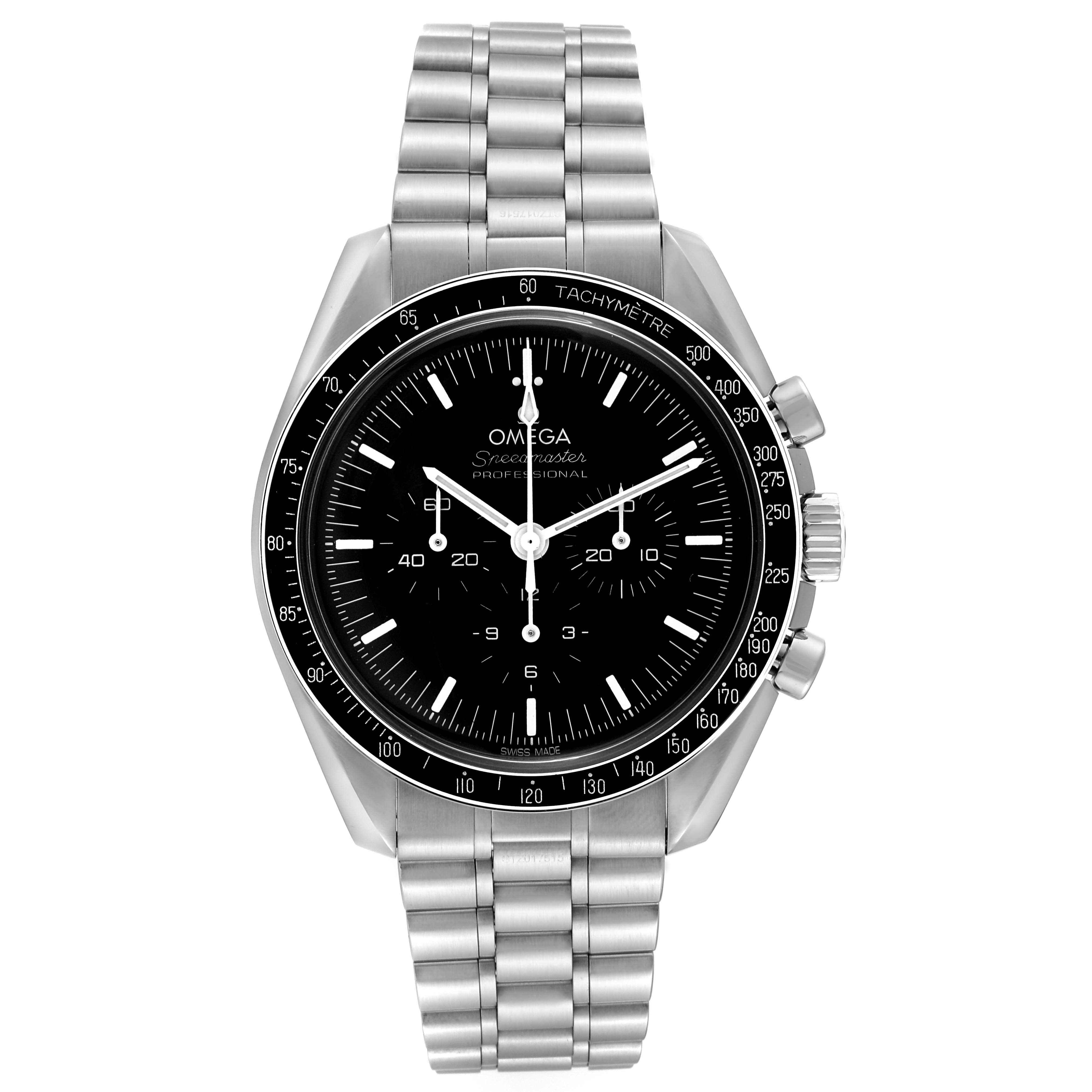 This is a front view of an Omega Speedmaster 310.30.42.50.01.001 Men
s Stainless Steel Black Dial 310.30.42.50.01.001 Men
s Stainless Steel Black Dial watch, showing the face, bezel, crown, pushers, and metal bracelet.