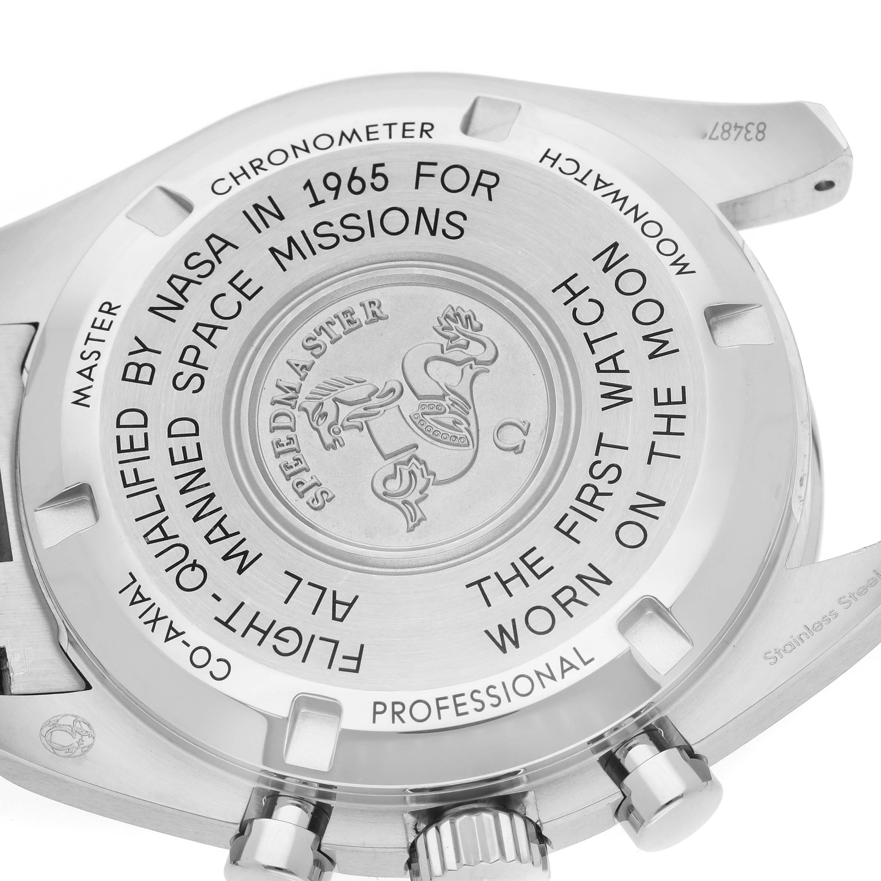 This image shows the case back of an Omega Speedmaster 310.30.42.50.01.001 Men
s Stainless Steel Black Dial 310.30.42.50.01.001 Men
s Stainless Steel Black Dial watch, highlighting inscriptions and engravings.