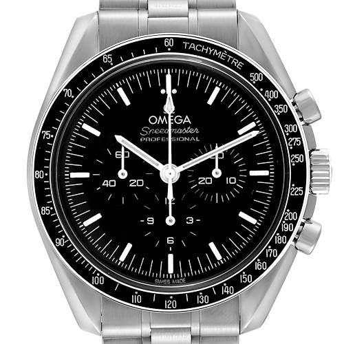 The image shows a front view of an Omega Speedmaster watch, highlighting the dial, bezel, and part of the bracelet.