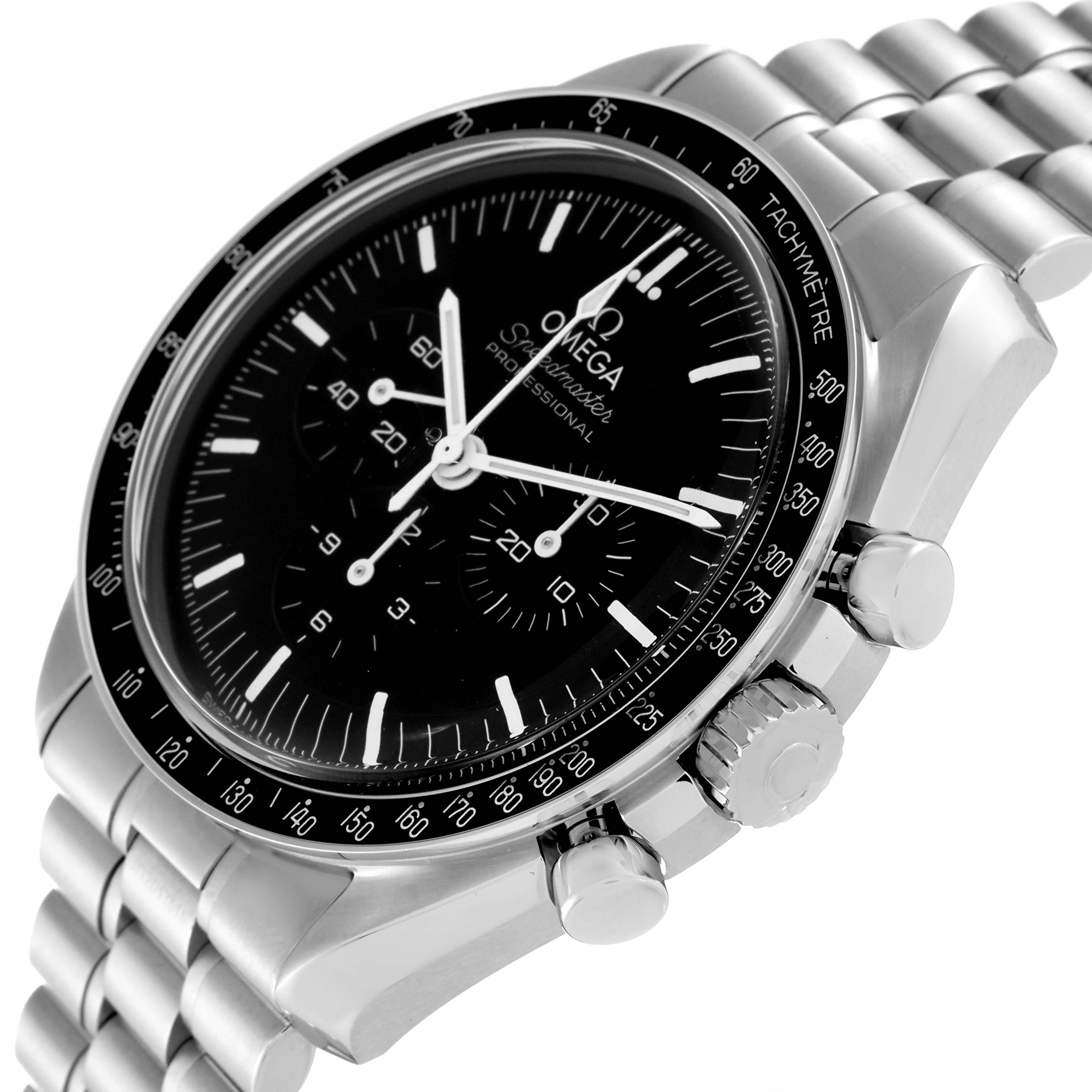 The image shows an Omega Speedmaster 310.30.42.50.01.001 Men
s Stainless Steel Black Dial 310.30.42.50.01.001 Men
s Stainless Steel Black Dial watch at a three-quarter angle, highlighting the black dial, chronograph subdials, and stainless steel bracelet.
