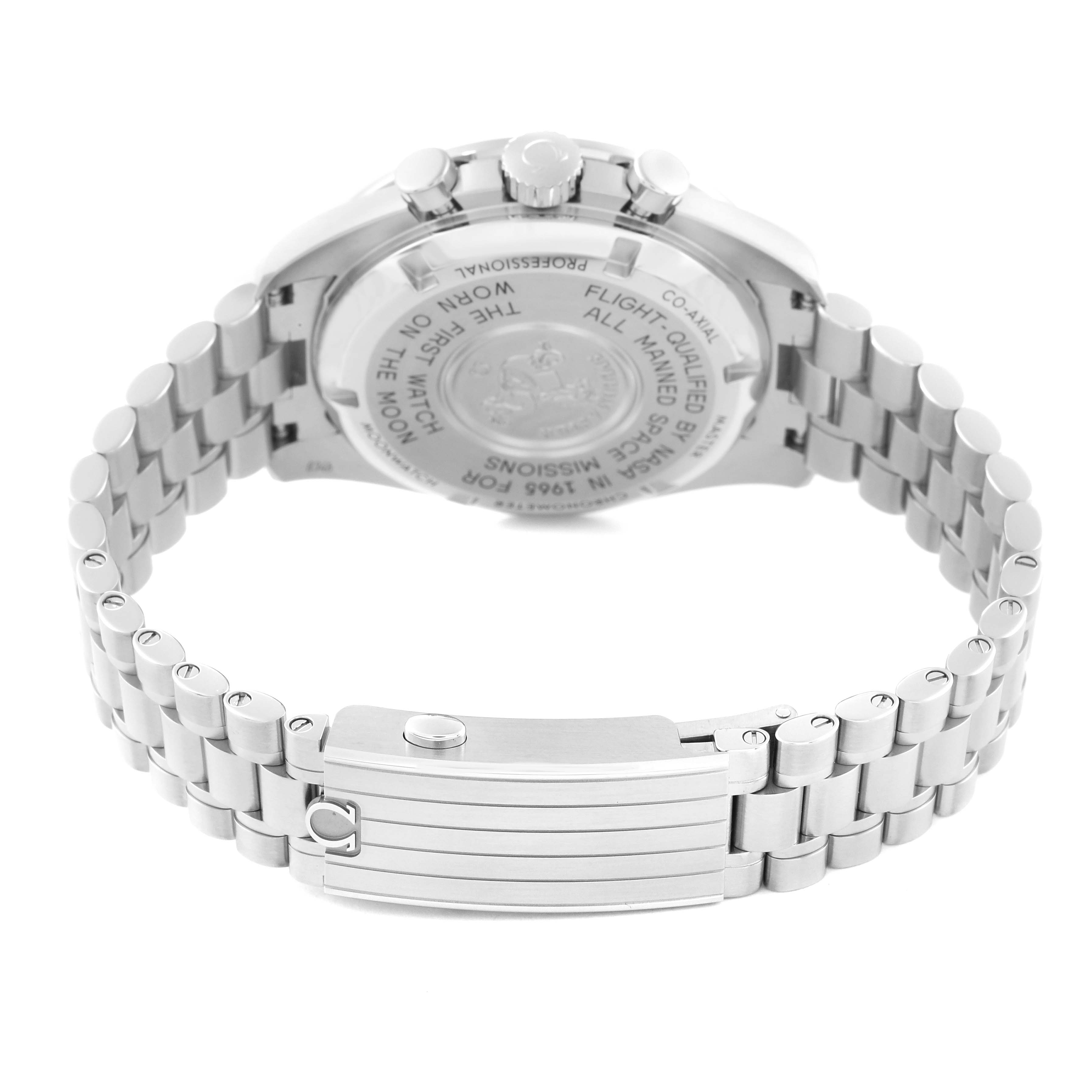 The image shows the back case and metal bracelet of an Omega Speedmaster 310.30.42.50.01.001 Men
s Stainless Steel Black Dial 310.30.42.50.01.001 Men
s Stainless Steel Black Dial watch, viewed from a rear angle.