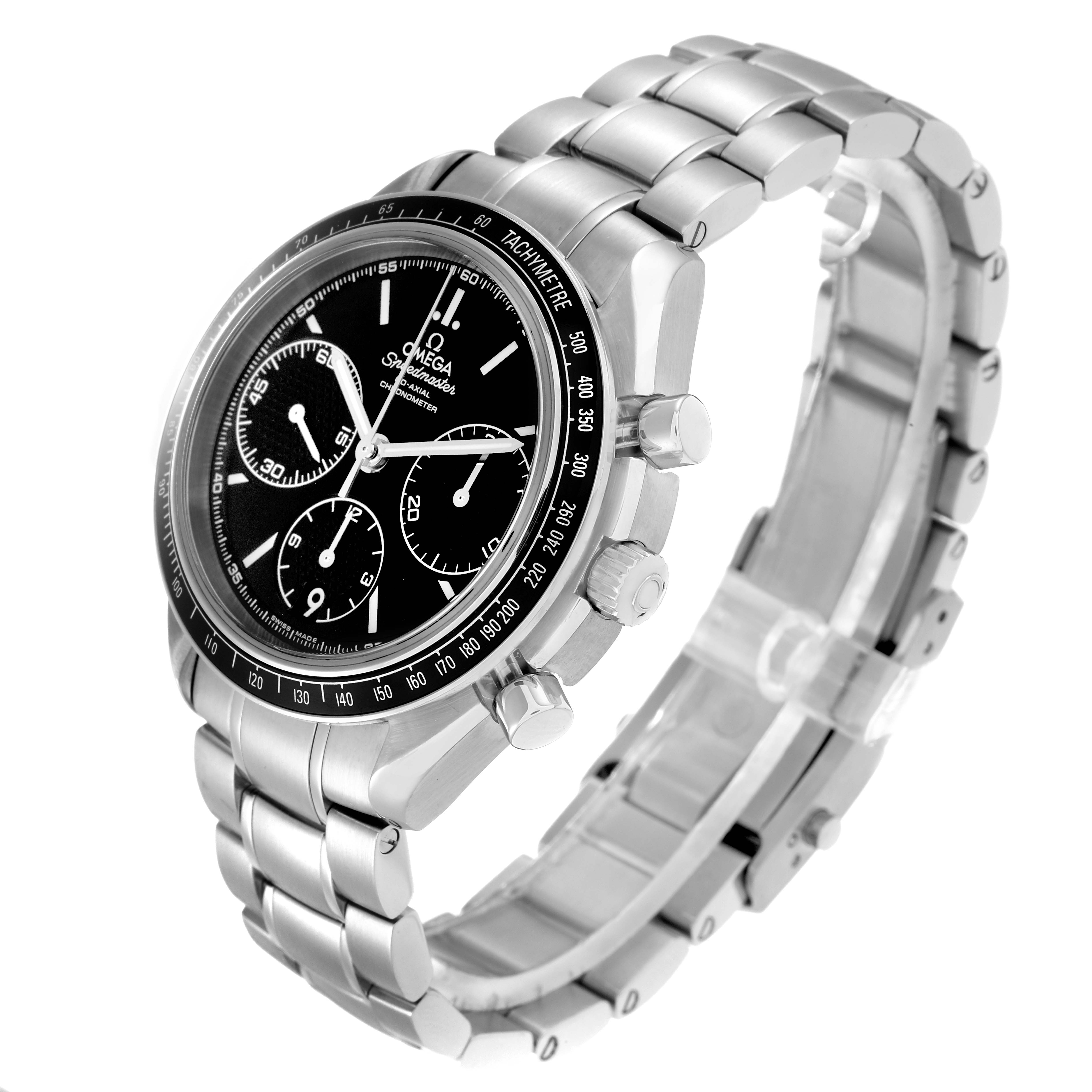 The Omega Speedmaster 326.30.40.50.01.001 Men
s Stainless Steel Black Dial watch is shown at a three-quarter angle, highlighting the face, bezel, and bracelet.