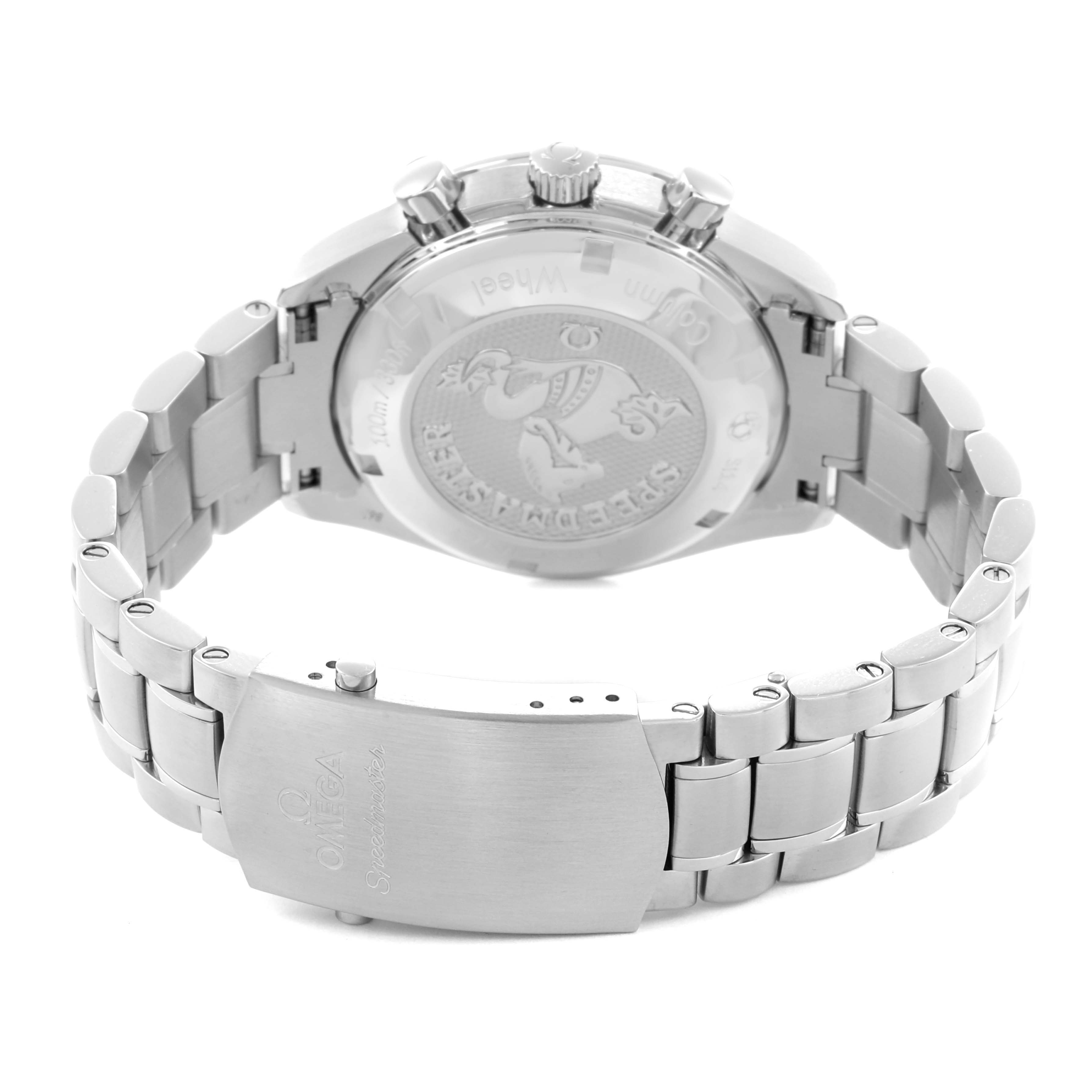 The Omega Speedmaster 326.30.40.50.01.001 Men
s Stainless Steel Black Dial is shown from the back, highlighting the case back, bracelet, and clasp.