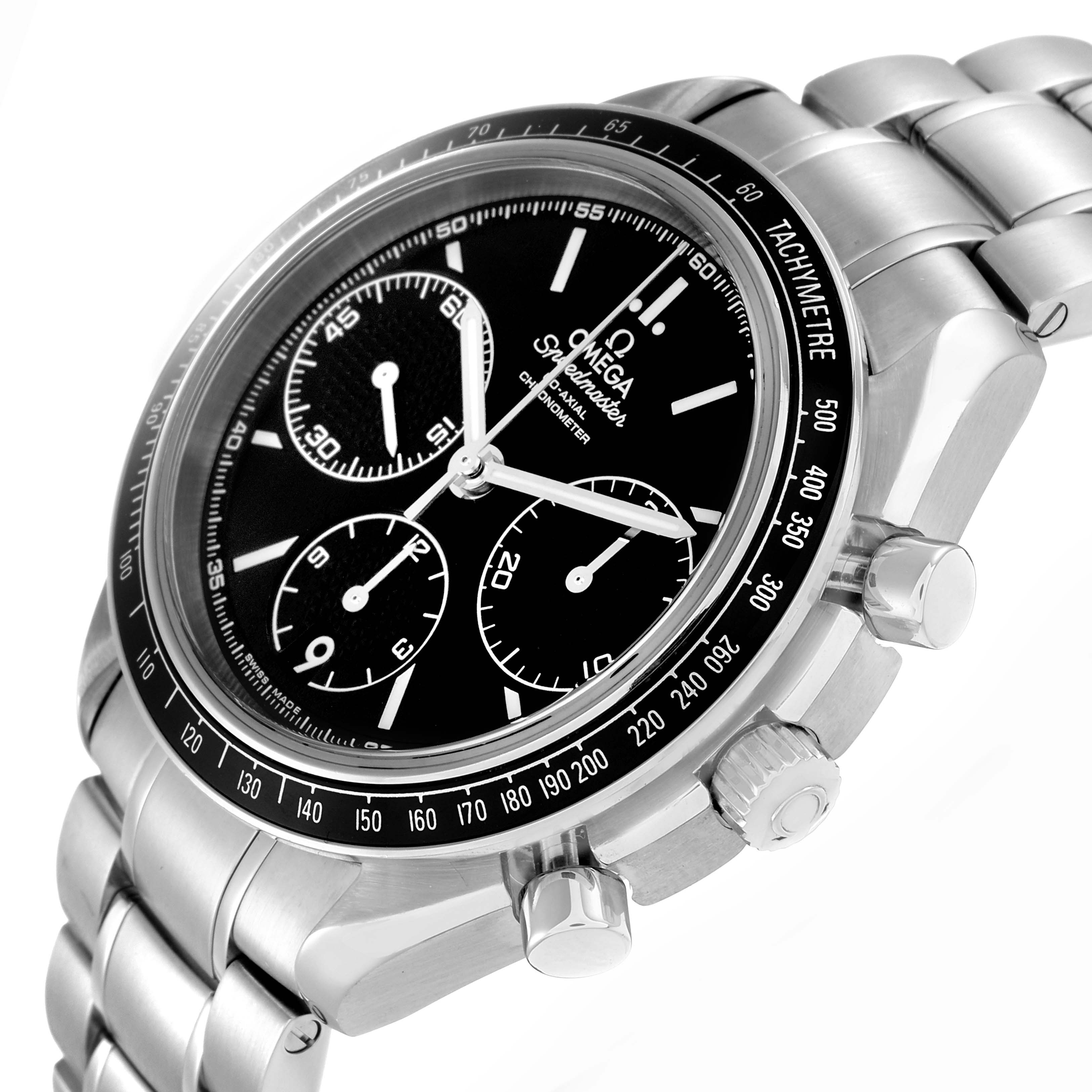 The Omega Speedmaster 326.30.40.50.01.001 Men
s Stainless Steel Black Dial watch is shown at an angle highlighting its face, bezel with tachymetre, and the side pushers.