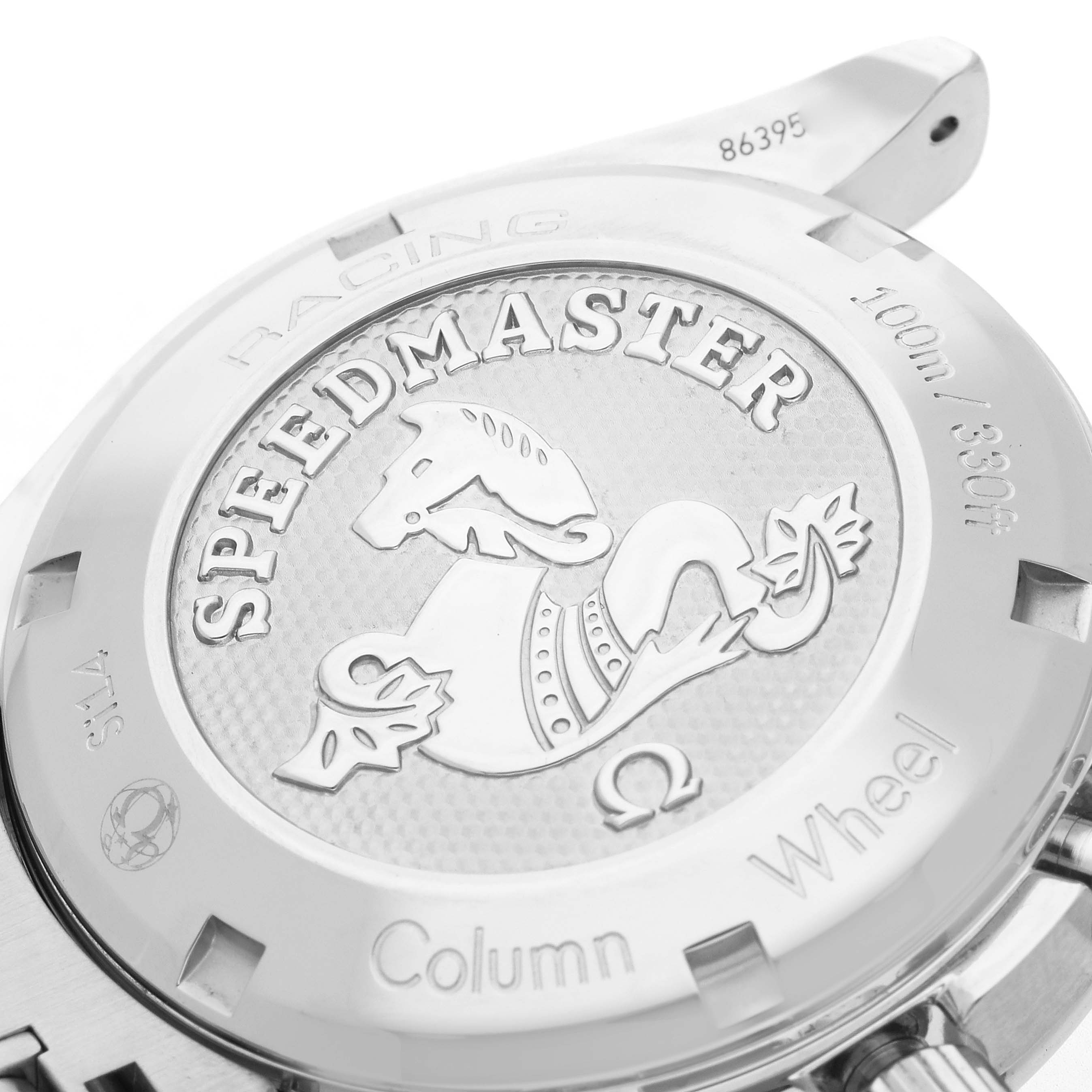 The image shows the case back of an Omega Speedmaster 326.30.40.50.01.001 Men
s Stainless Steel Black Dial, highlighting the engraved logo and model details.