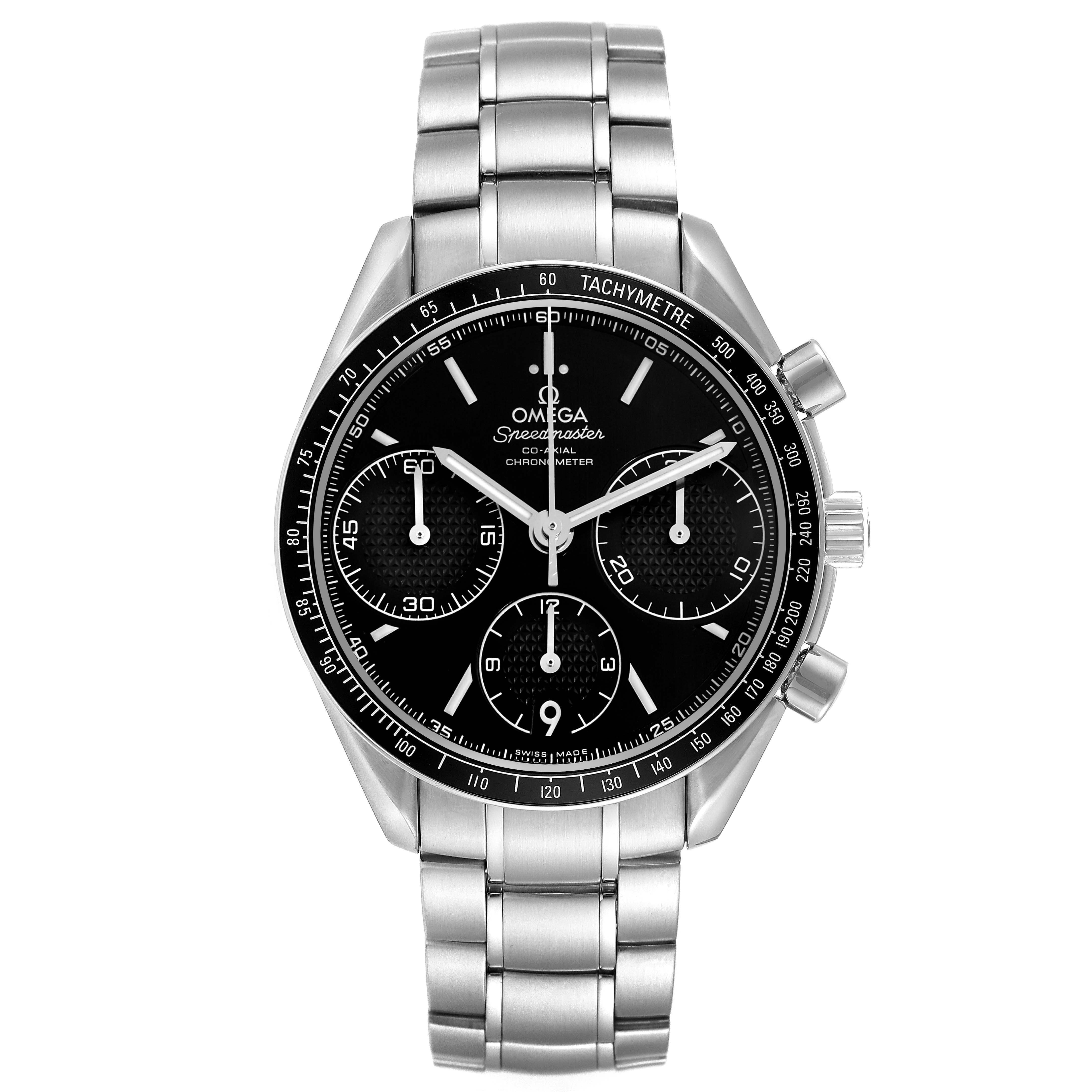 The Omega Speedmaster 326.30.40.50.01.001 Men
s Stainless Steel Black Dial watch is shown from the front, displaying its dial, chronograph subdials, and metal bracelet.