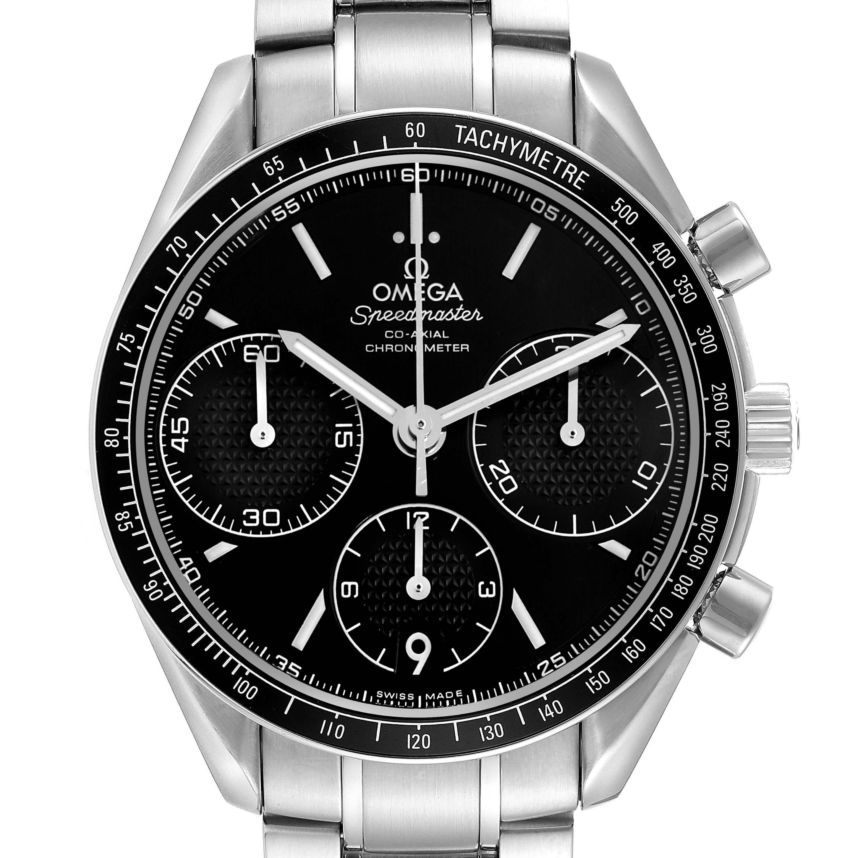 The Omega Speedmaster 326.30.40.50.01.001 Men
s Stainless Steel Black Dial watch is shown from the front, displaying the face, bezel, chronograph subdials, and crown.